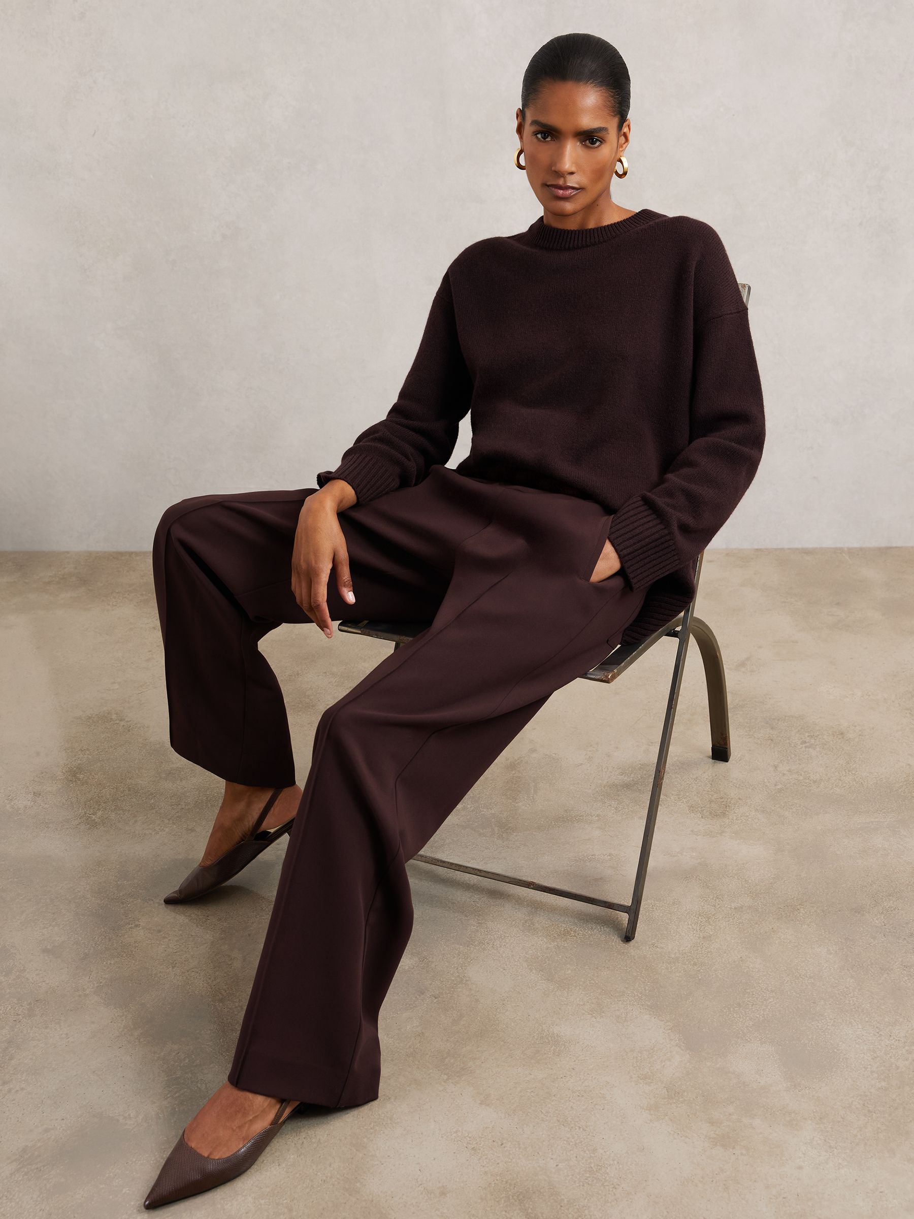 Petite Wide Leg Elasticated Waist Trousers in Burgundy