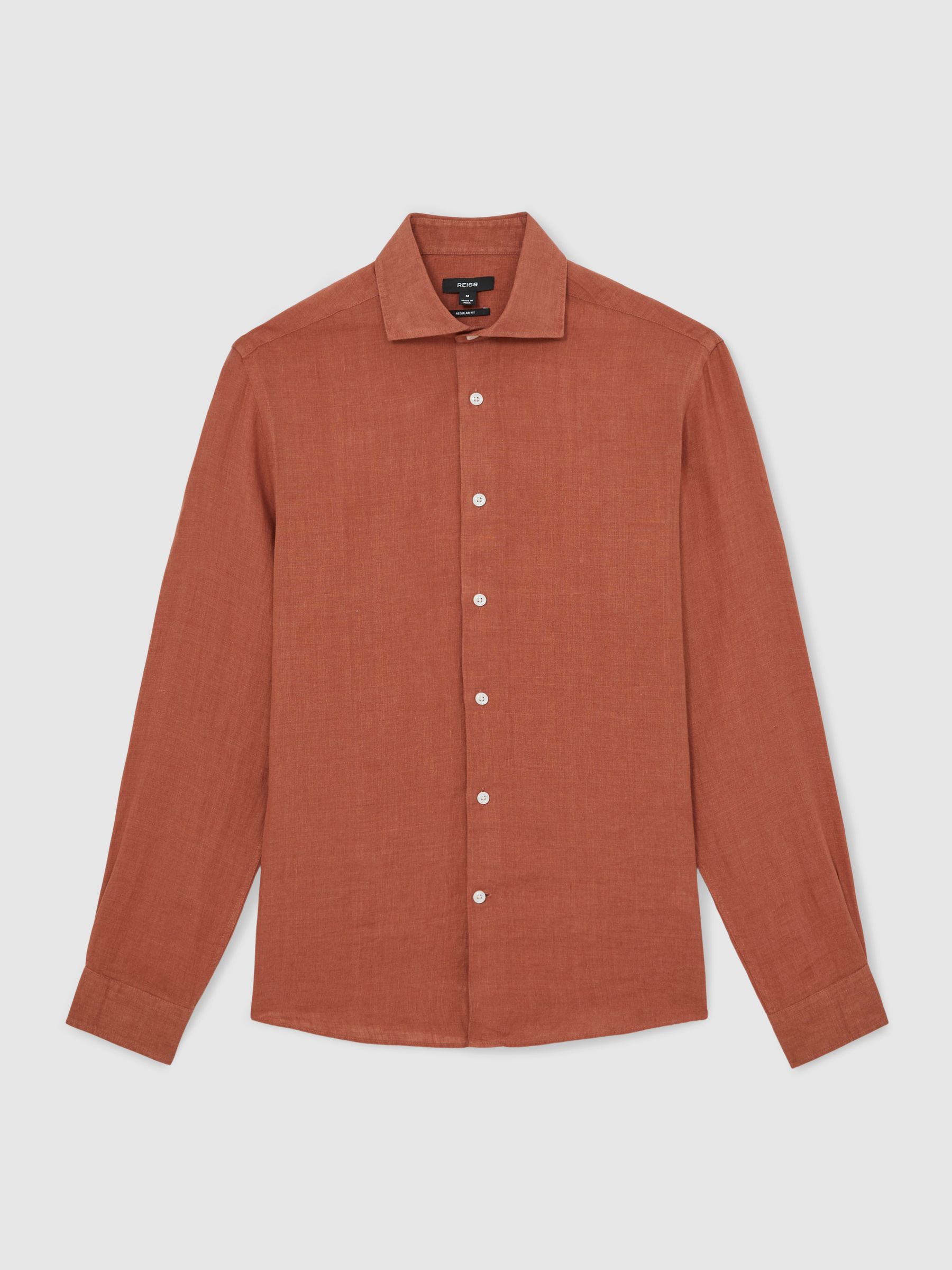 Linen Cutaway-Collar Shirt in Cinnamon Brown