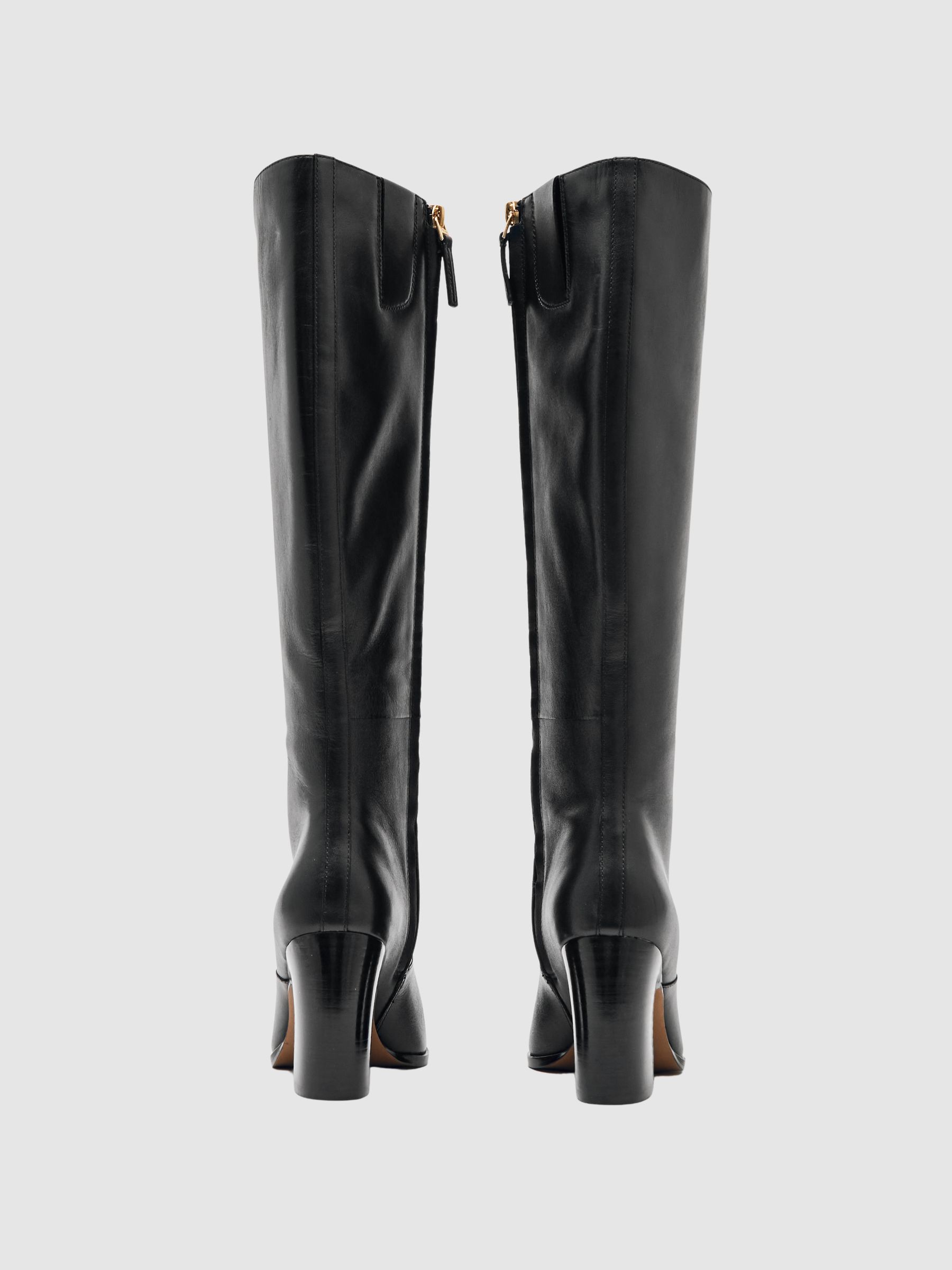 Leather Knee-High Block-Heel Boots in Black