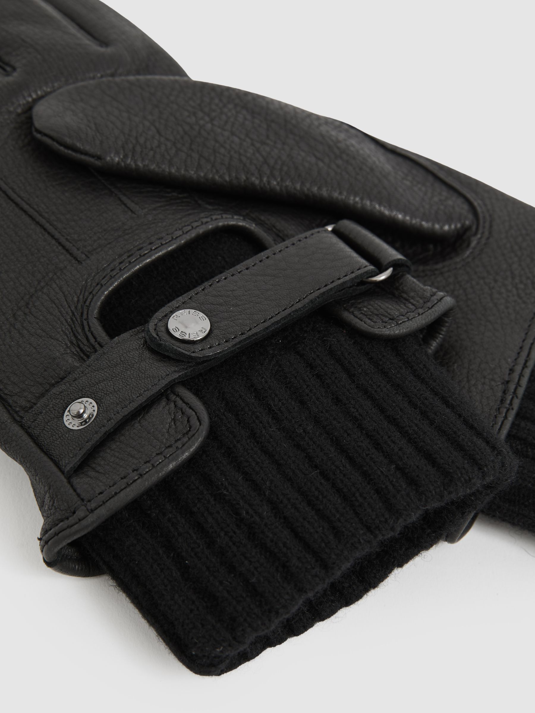Leather Ribbed-Cuff Gloves in Black