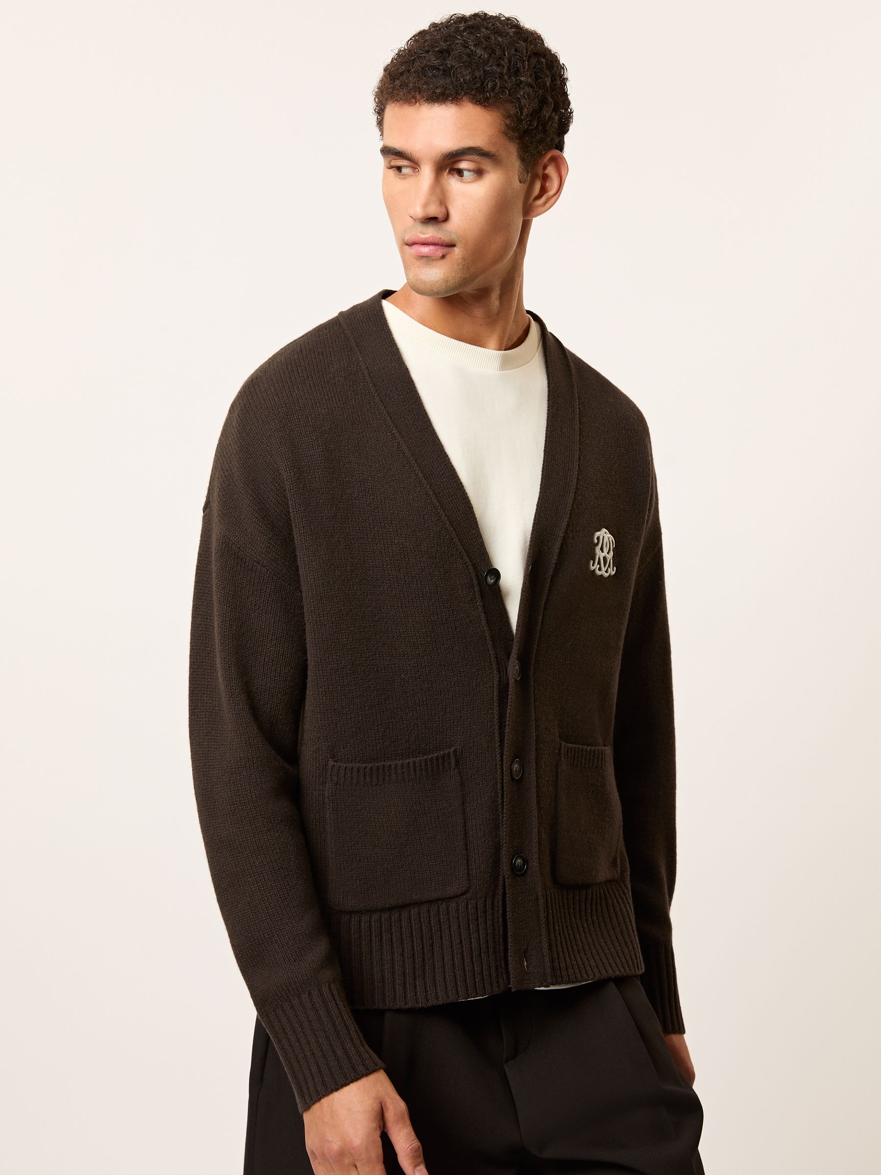 Monogram Embroidery Relaxed Cardigan Wool in Brown