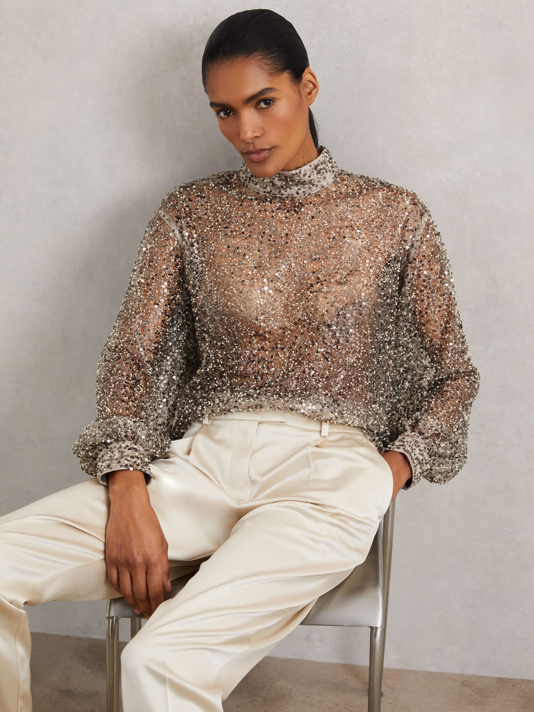 High-Neck Embellished Top in Silver