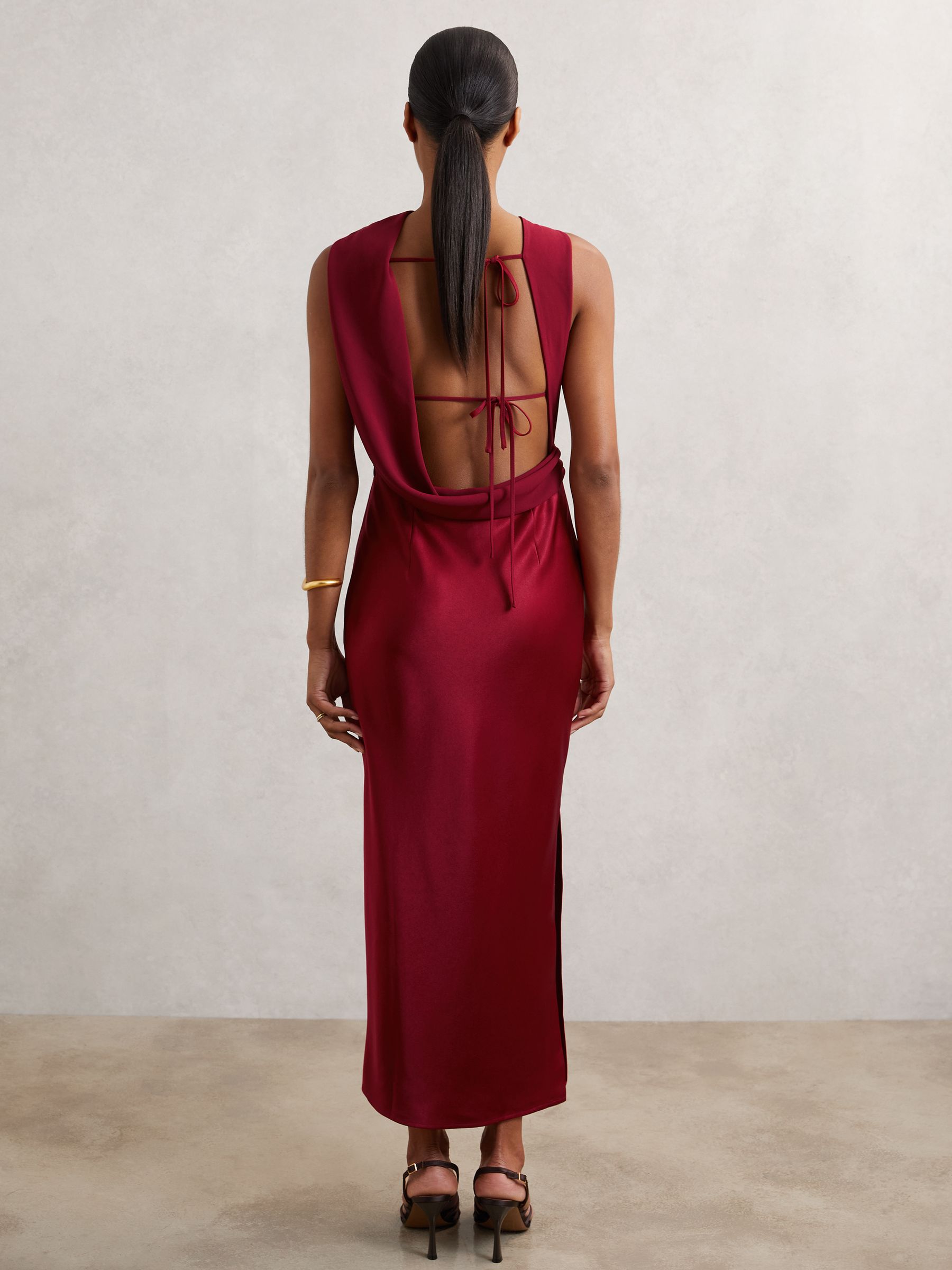 Satin Draped Open-Back Dress in Red