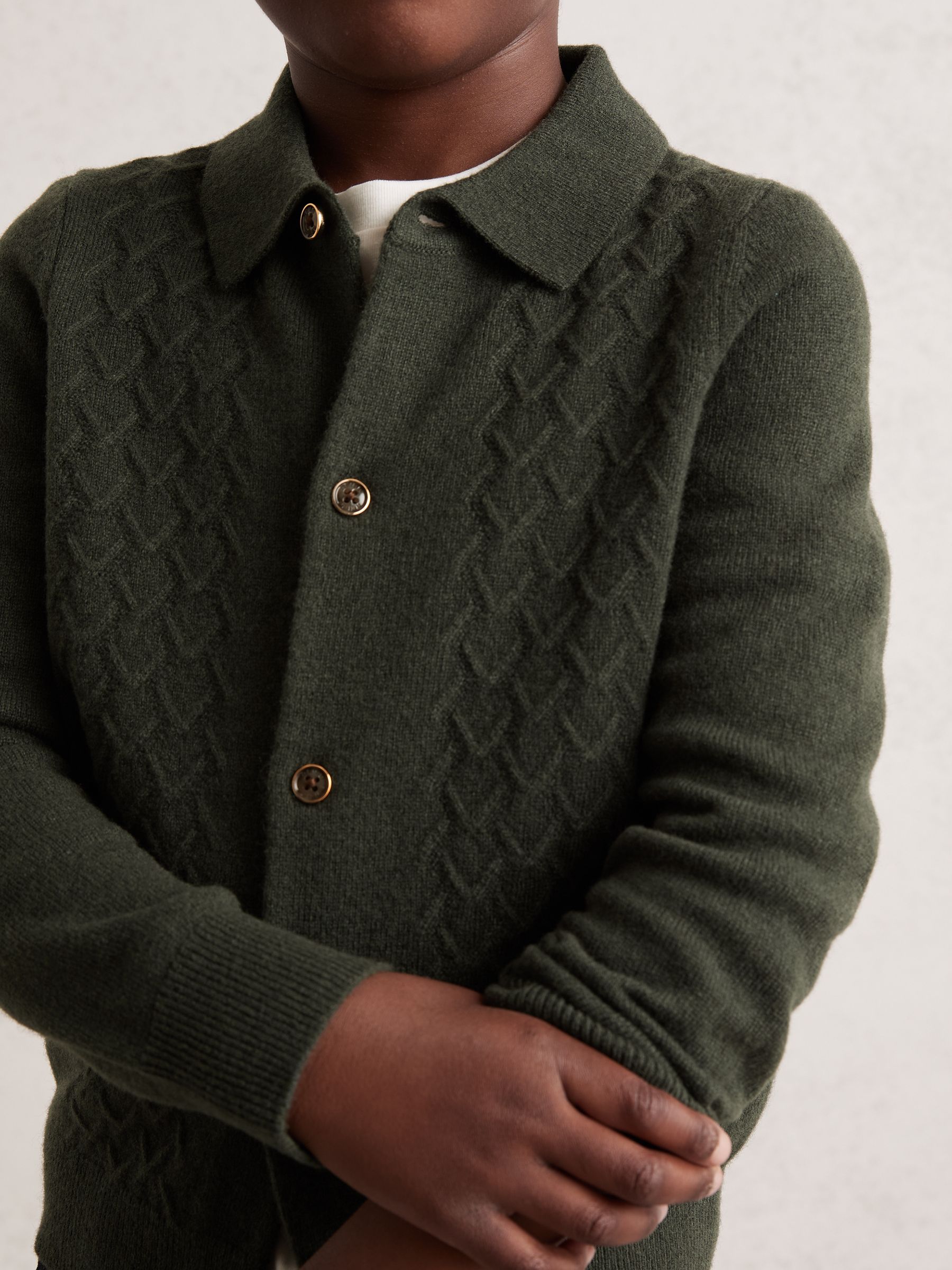 3-9 yrs Wool V-Stitch Button-Through Cardigan in Forest Green