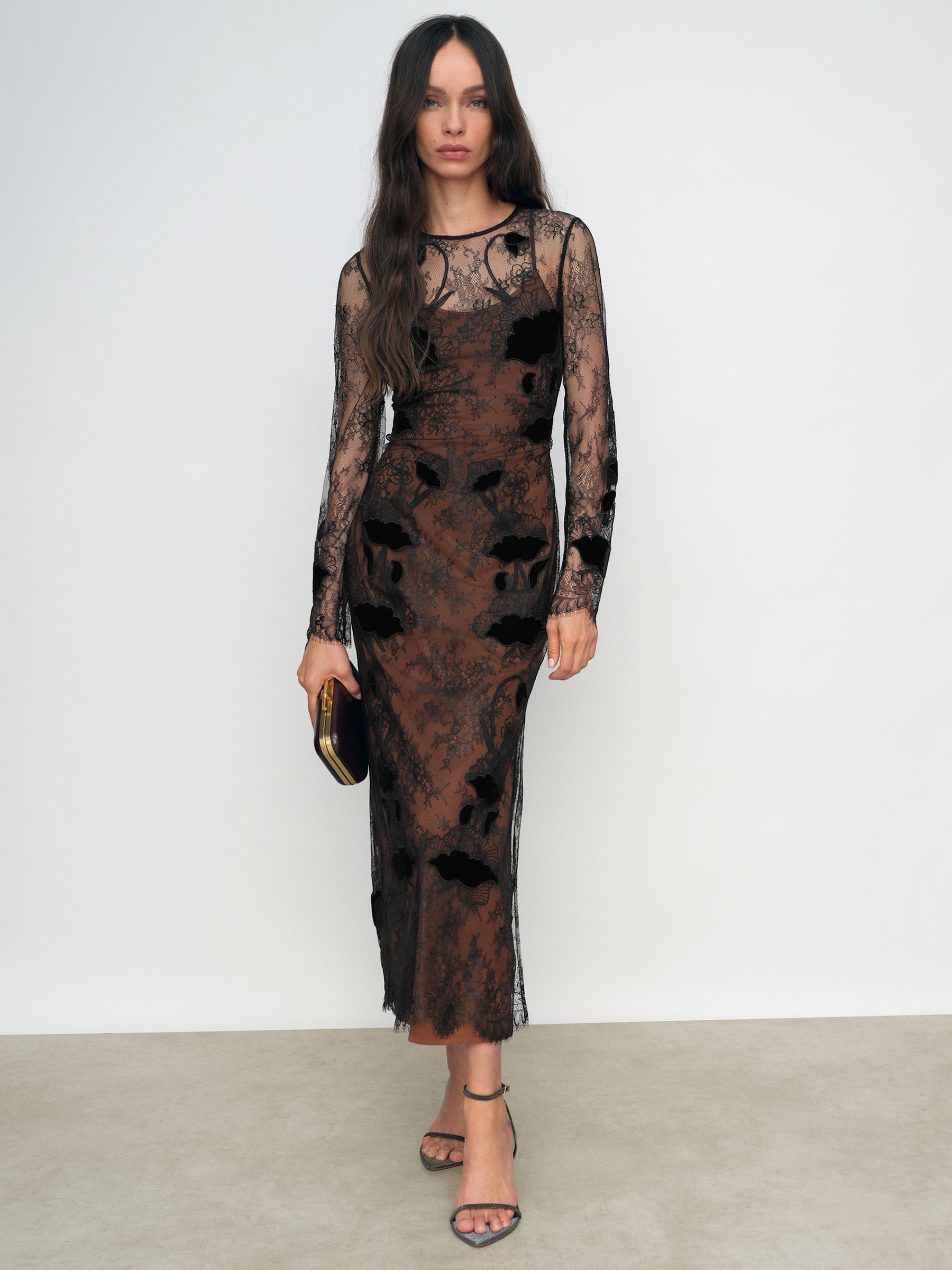 Petite Lace Overlay Midi Dress in Black