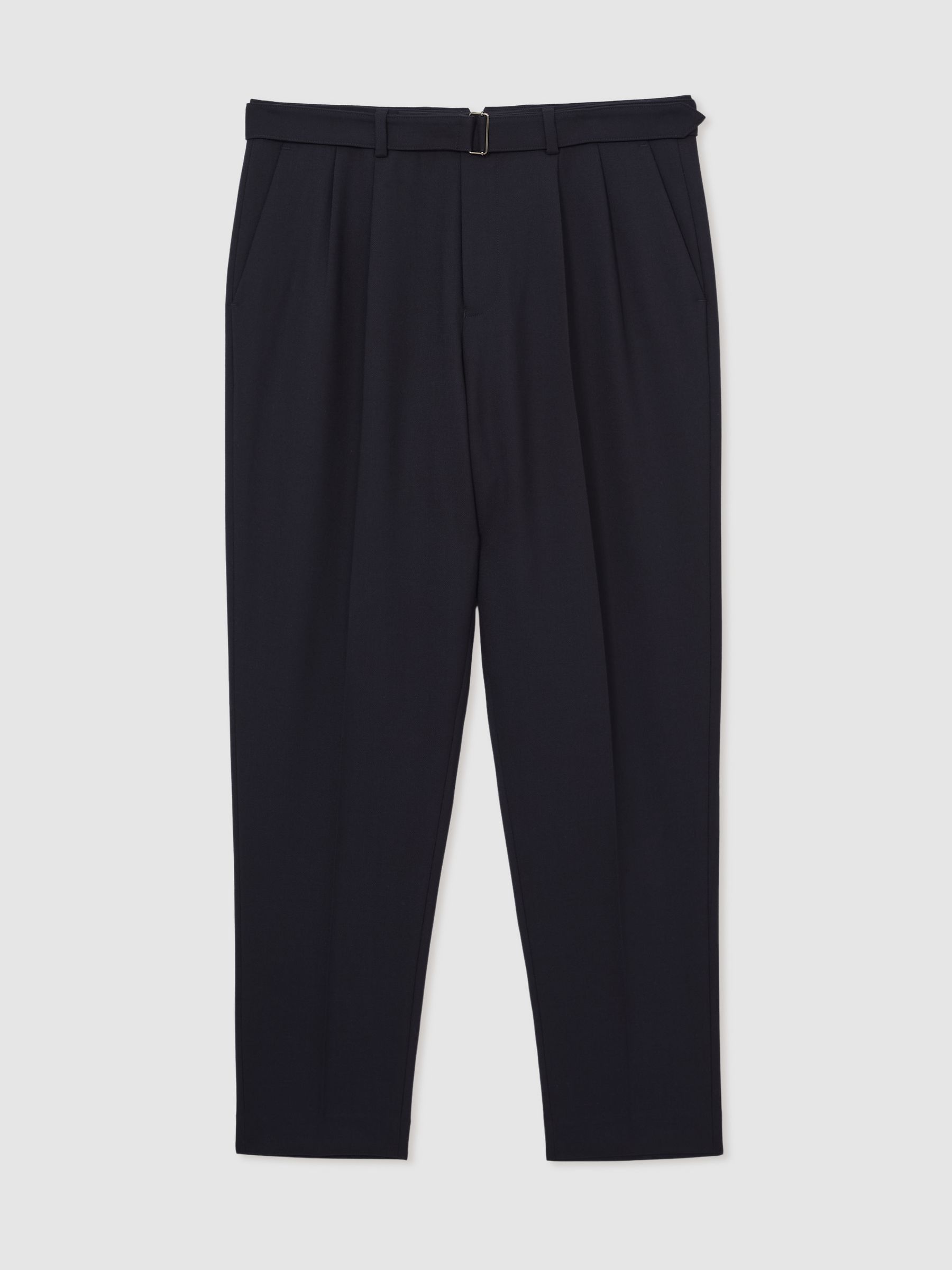 Wool-Blend Tailored-Fit Belted Trousers in Navy
