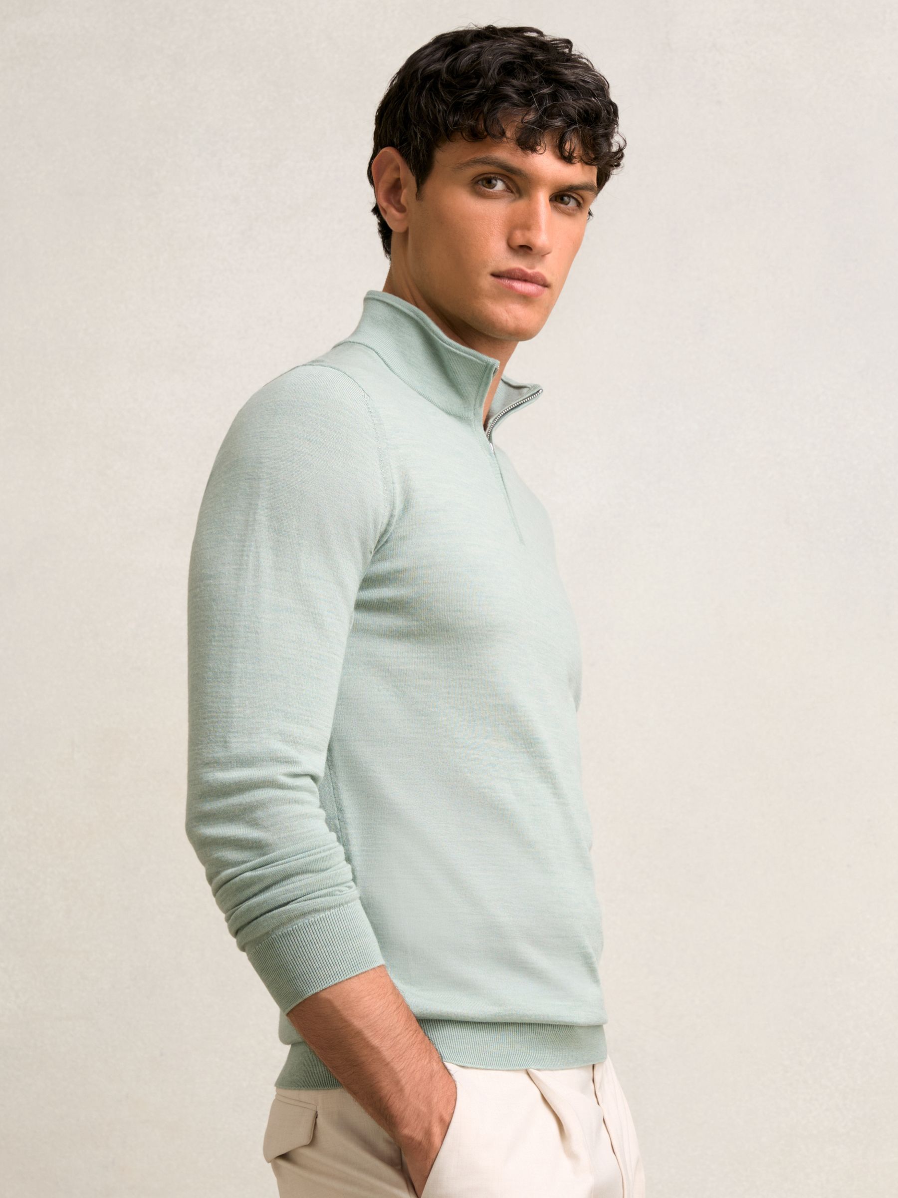 Merino Wool Half-Zip Funnel Neck Jumper in Sage Green Melange