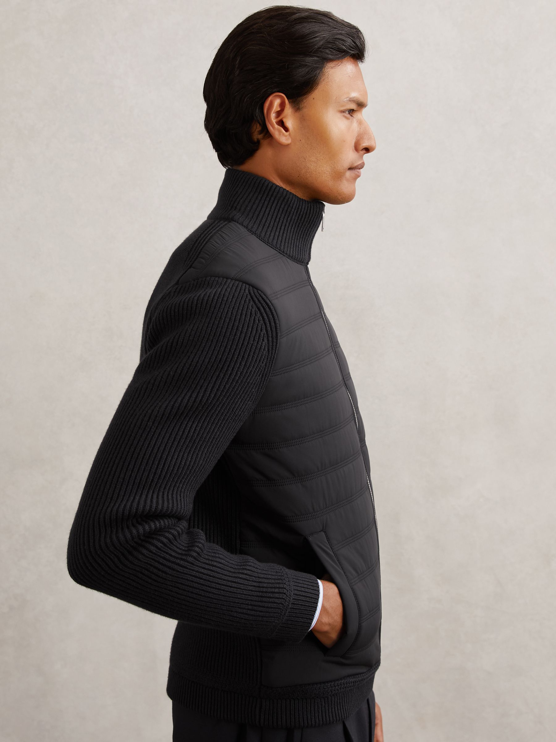 Quilted Rib-Knit Funnel-Neck Jacket in Navy