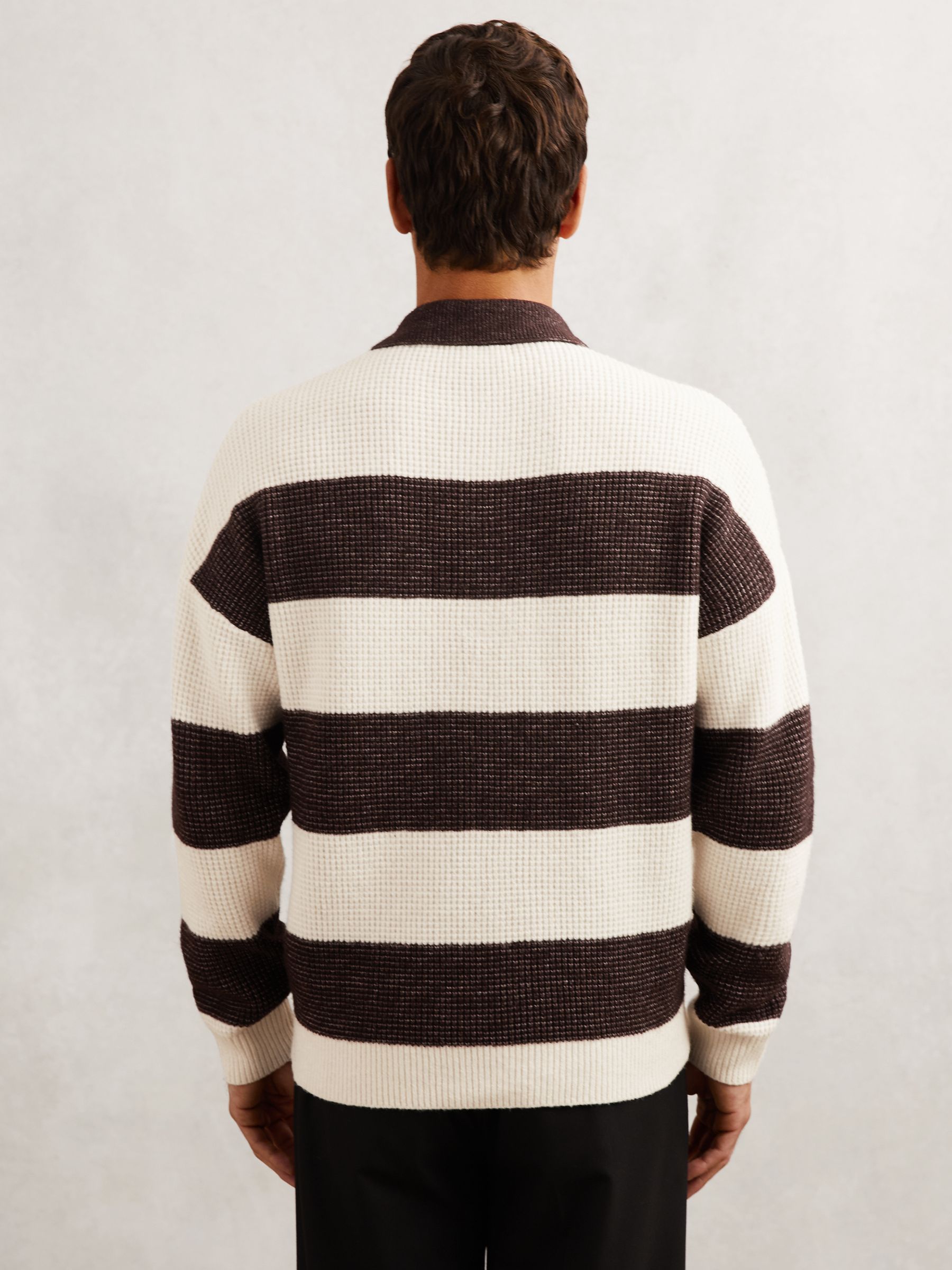 Waffle-Knit Stripe Half-Button Jumper with Wool in Chocolate Brown/Off White
