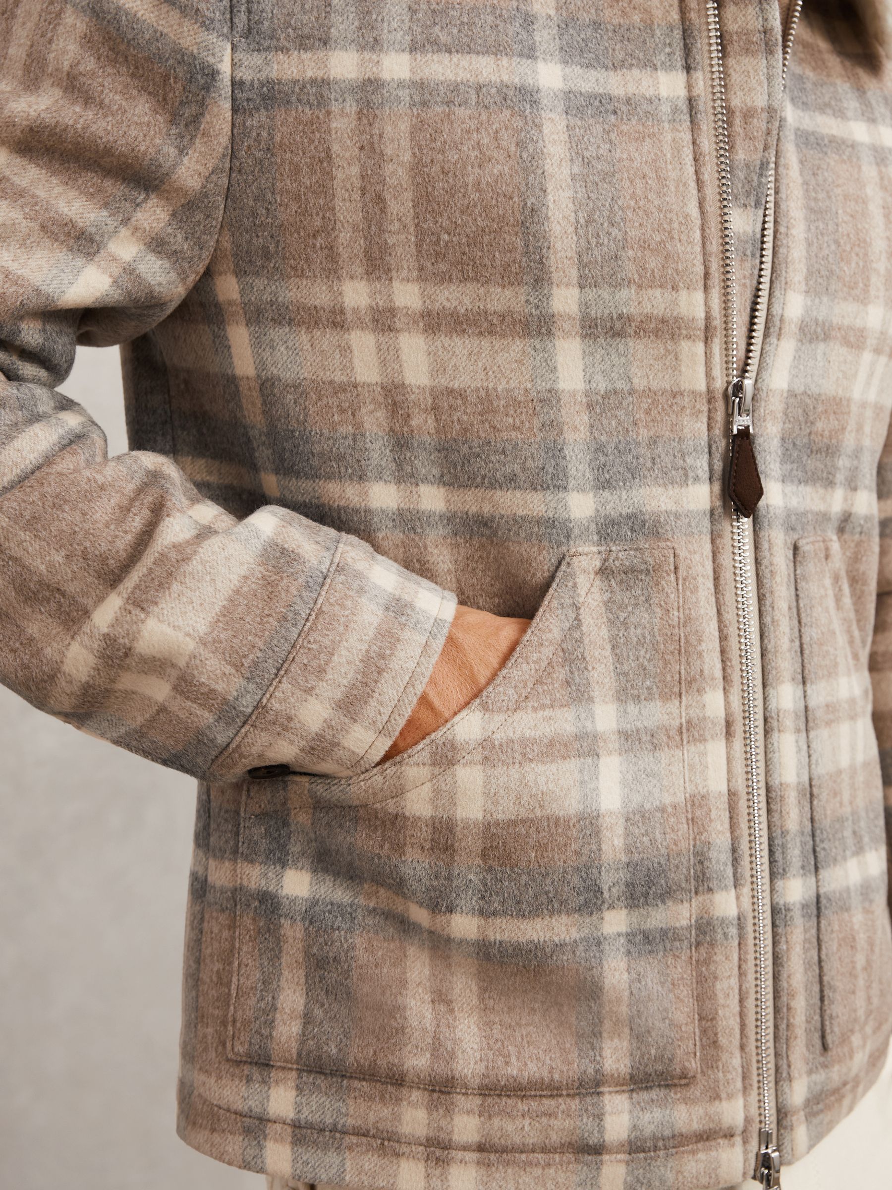 Wool-Blend Check Fleece-Collar Jacket in Oatmeal Brown