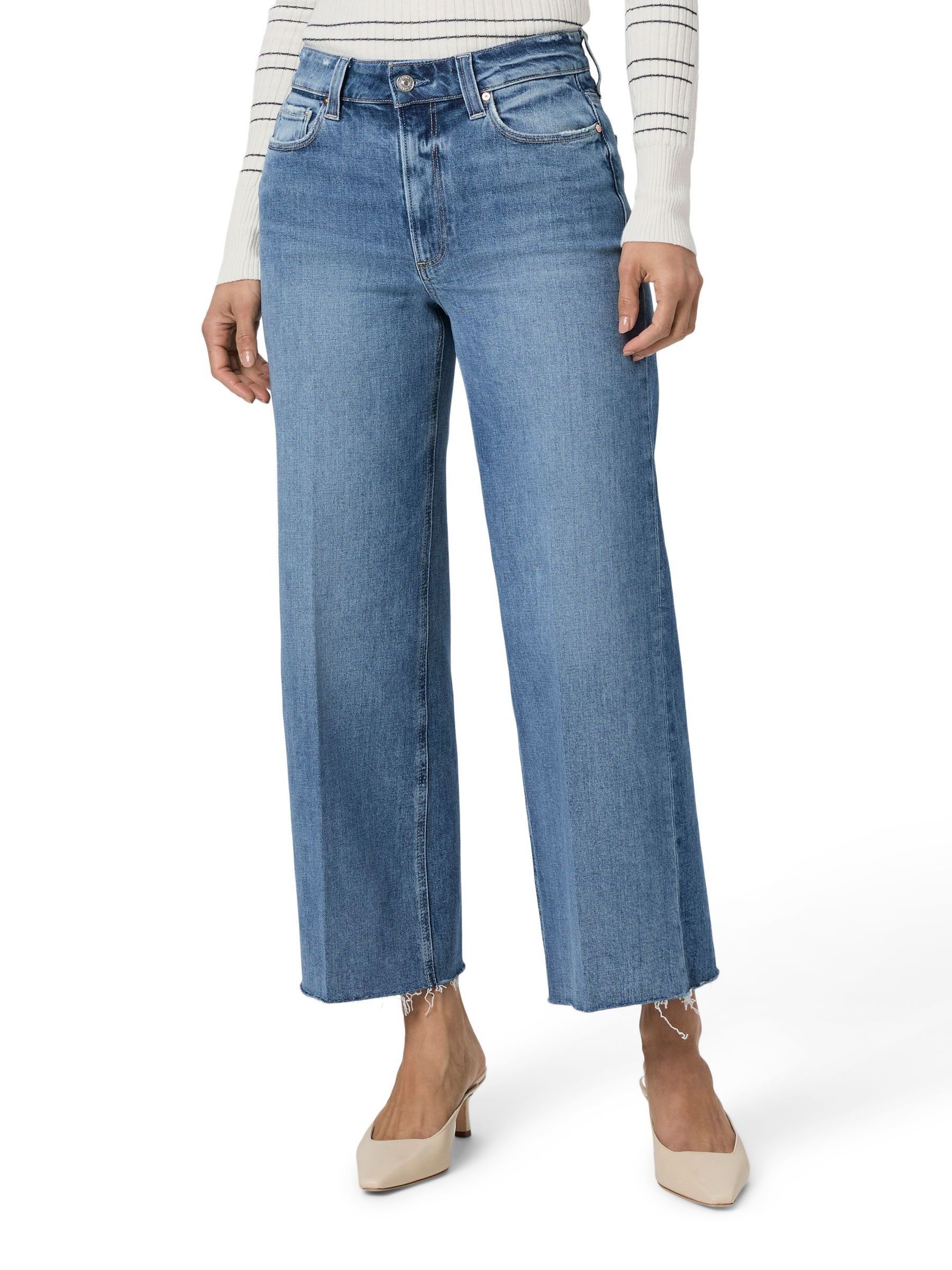 Paige Wide Leg Raw Hem Cropped Jeans in Rock Show Blue