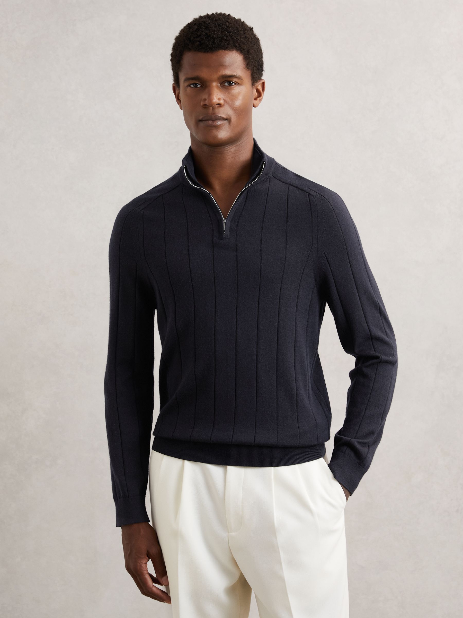 Merino Wool Wide-Rib Half-Zip Jumper in Navy