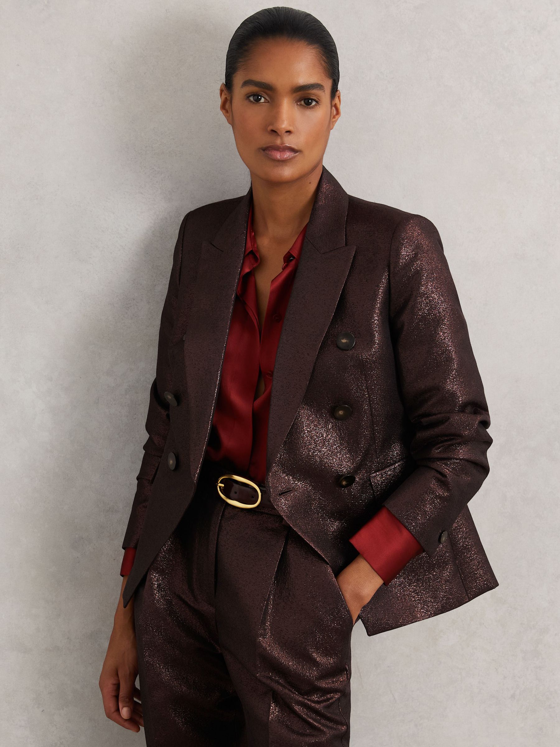 Double-Breasted Metallic Suit Blazer with Cotton in Burgundy