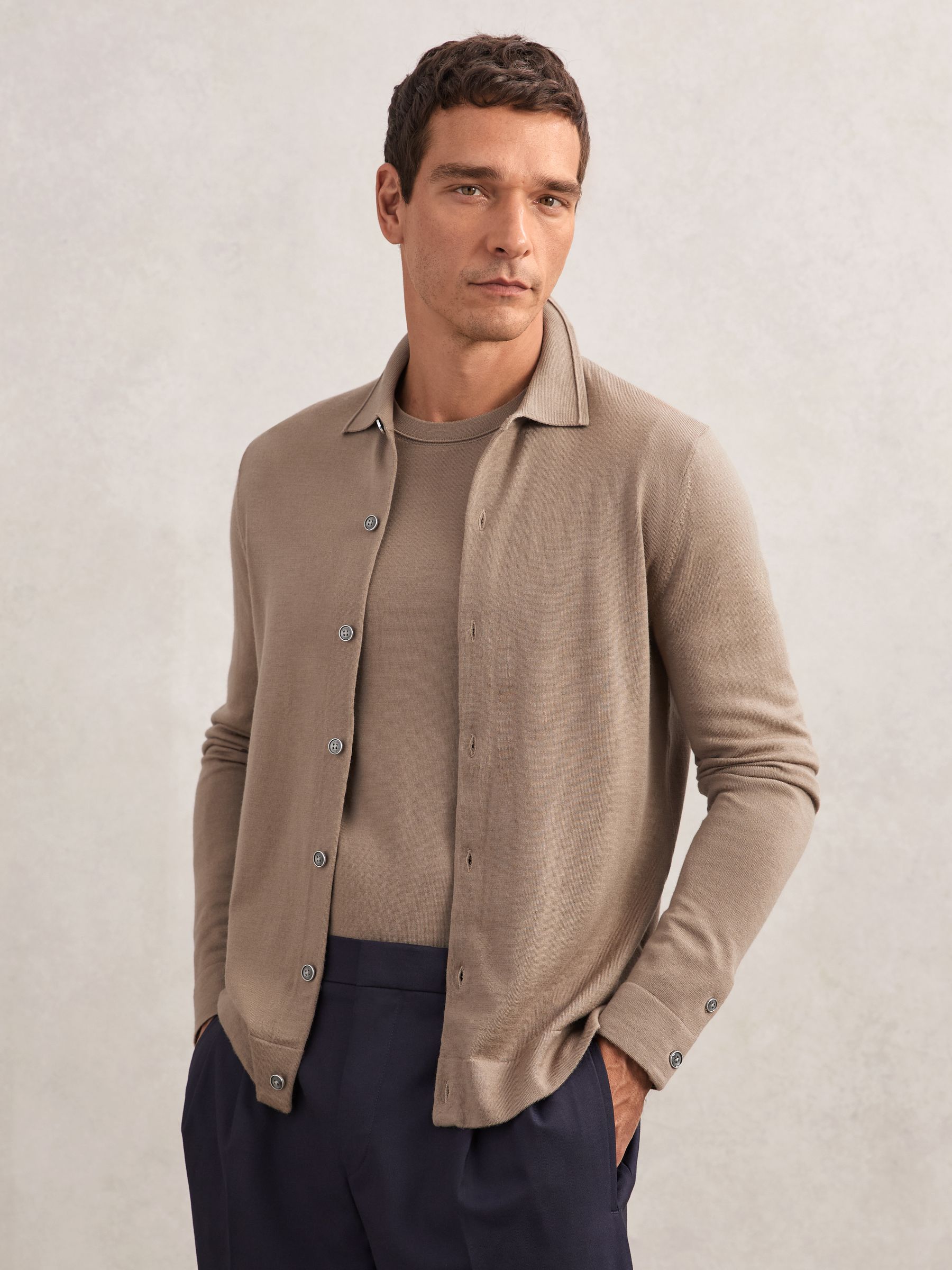 Merino Wool Button-Through Cardigan in Camel Brown