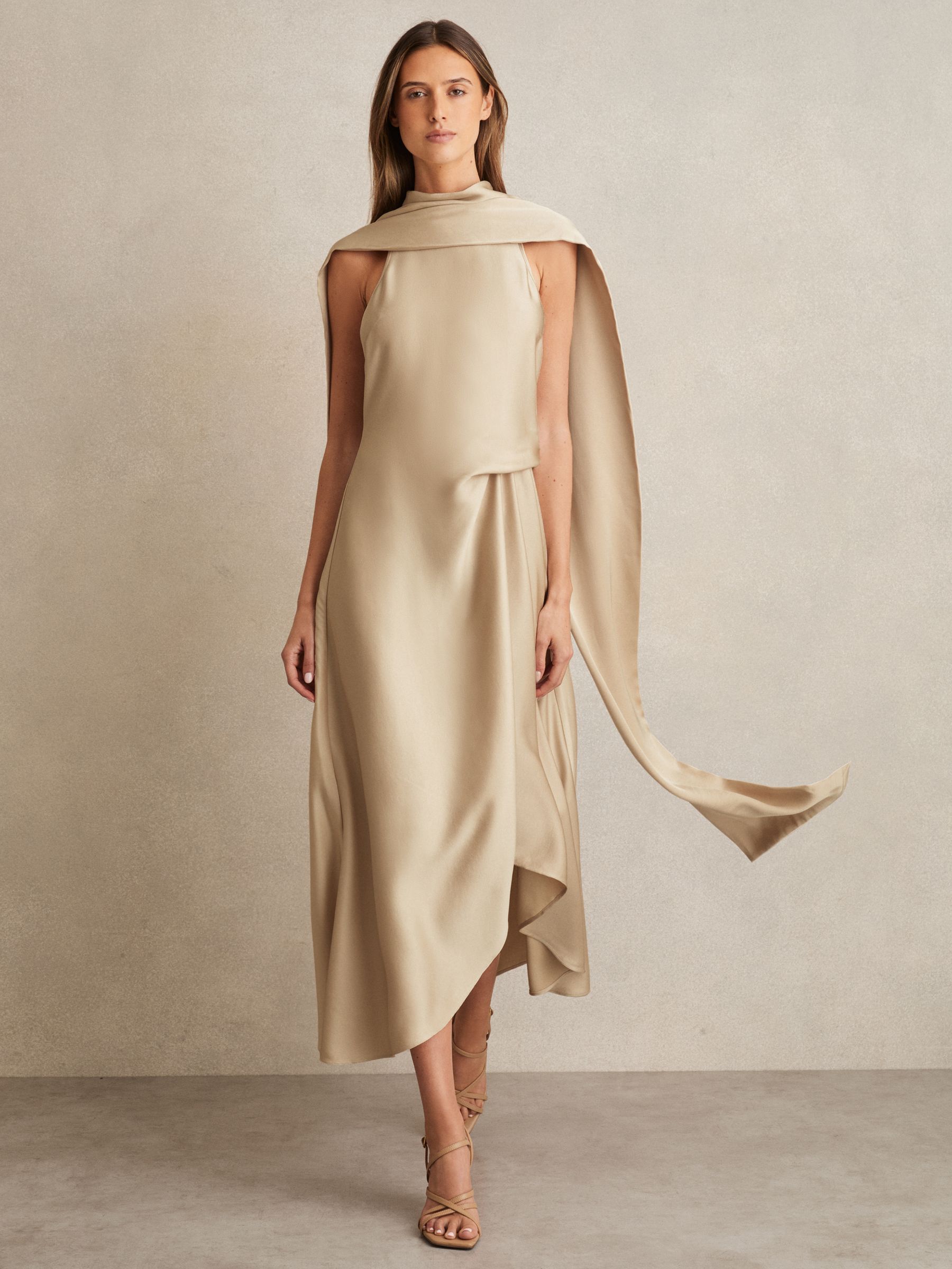 Satin Tuck-Detail Cape Midi Dress in Champagne Neutral