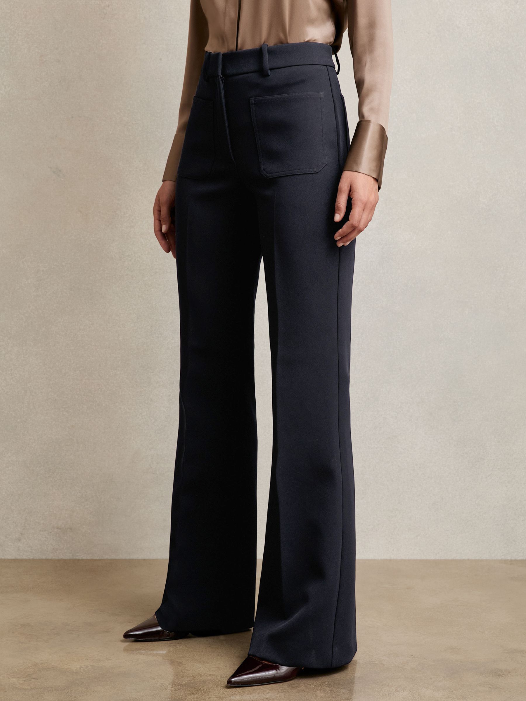 Twill Patch-Pocket Flared Trousers in Navy