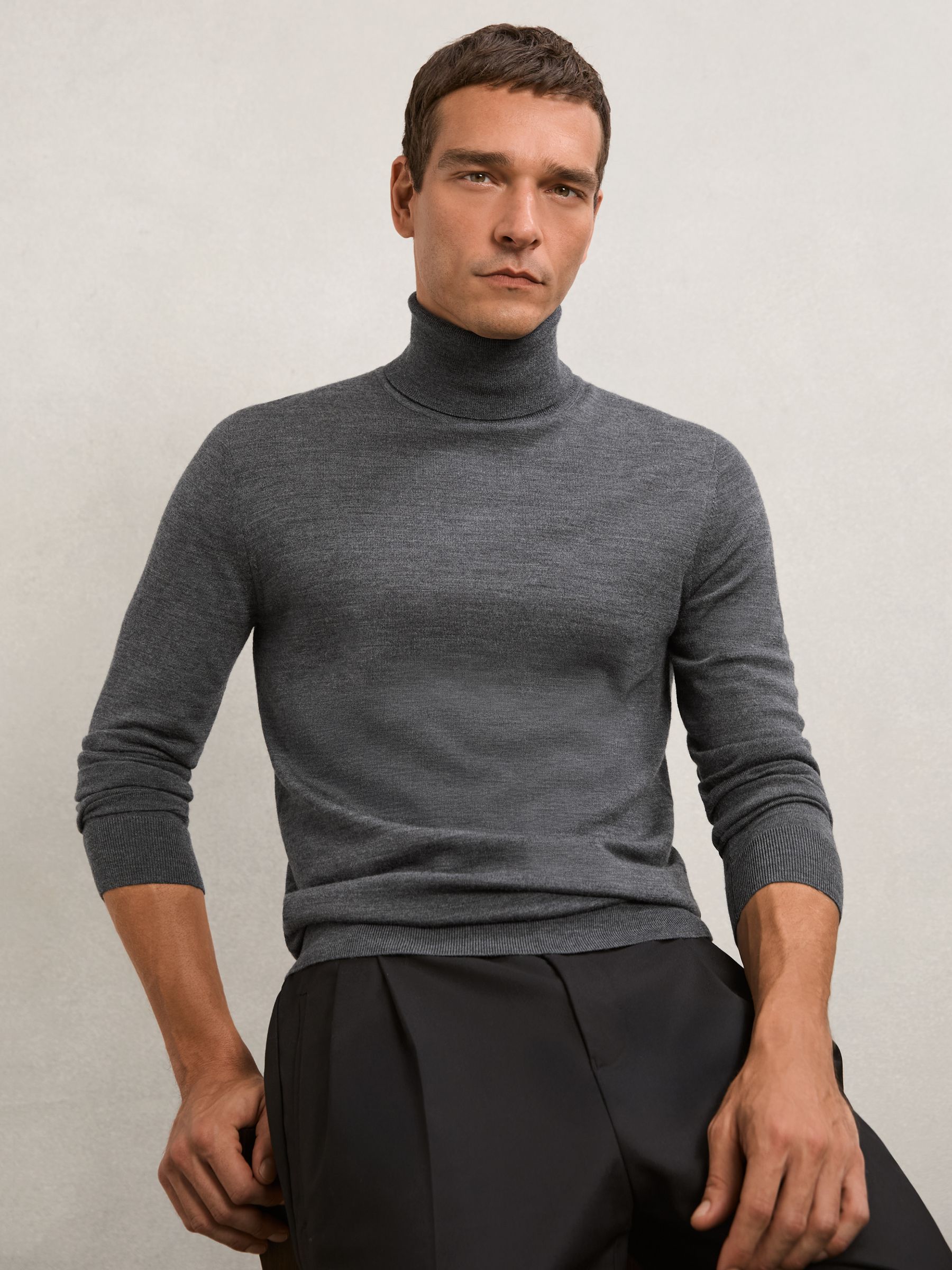 Merino Wool Roll-Neck Jumper in Derby Grey Marl