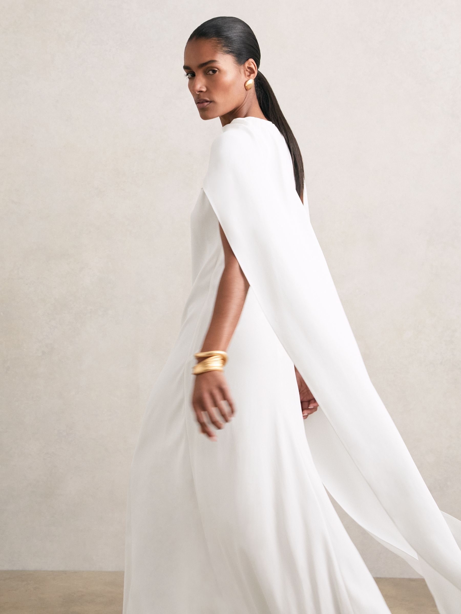 Crepe Cape Maxi Dress in White