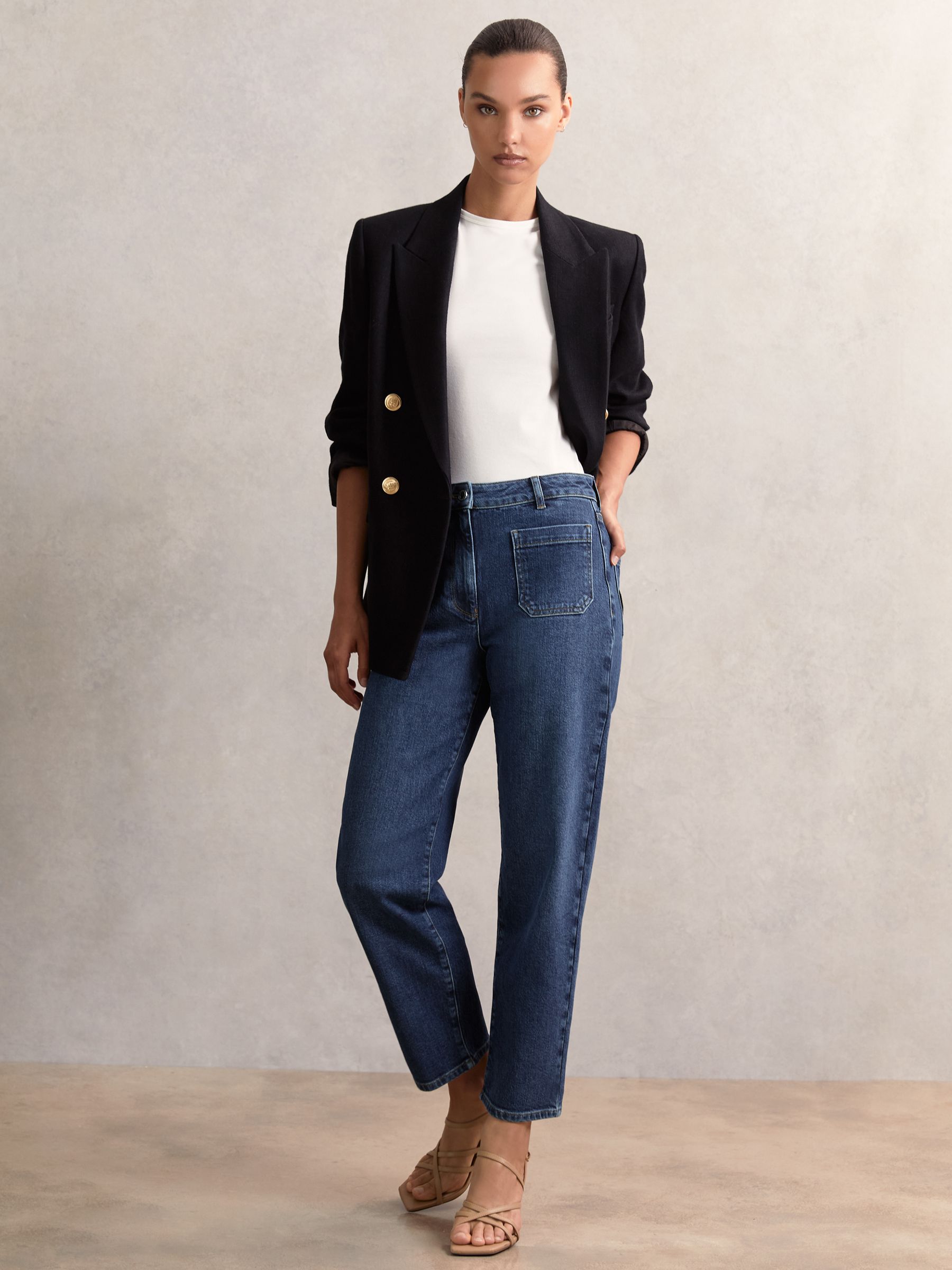 Petite Straight-Leg Patch-Pocket Jeans in Mid Blue