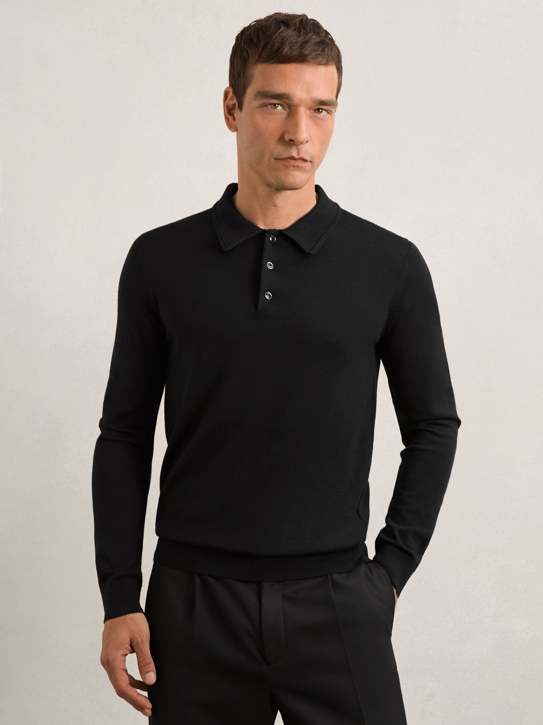 Merino Wool Long-Sleeve Polo Shirt in Black