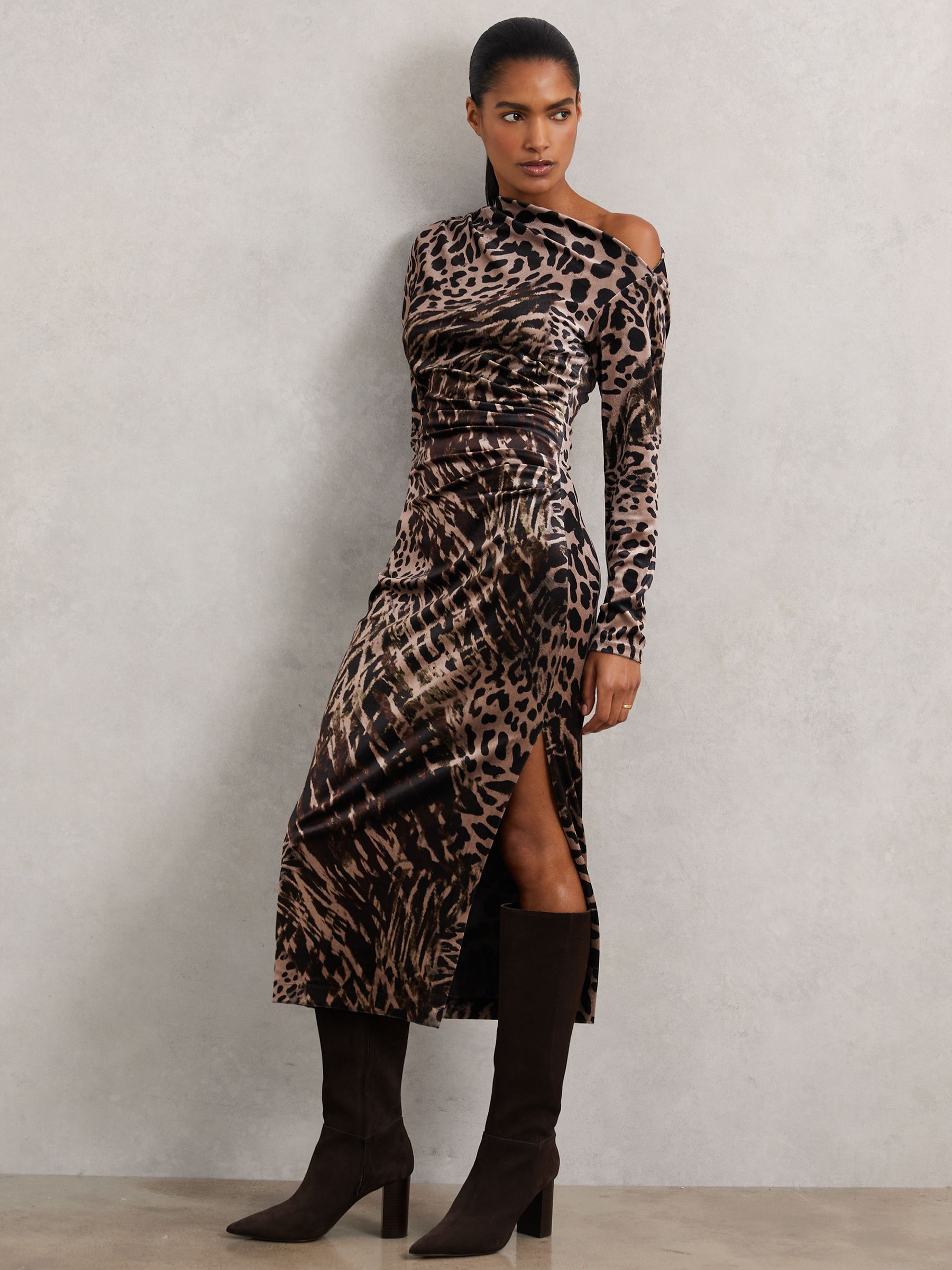 Petite Velvet Leopard-Print Midi Dress in Black/Brown