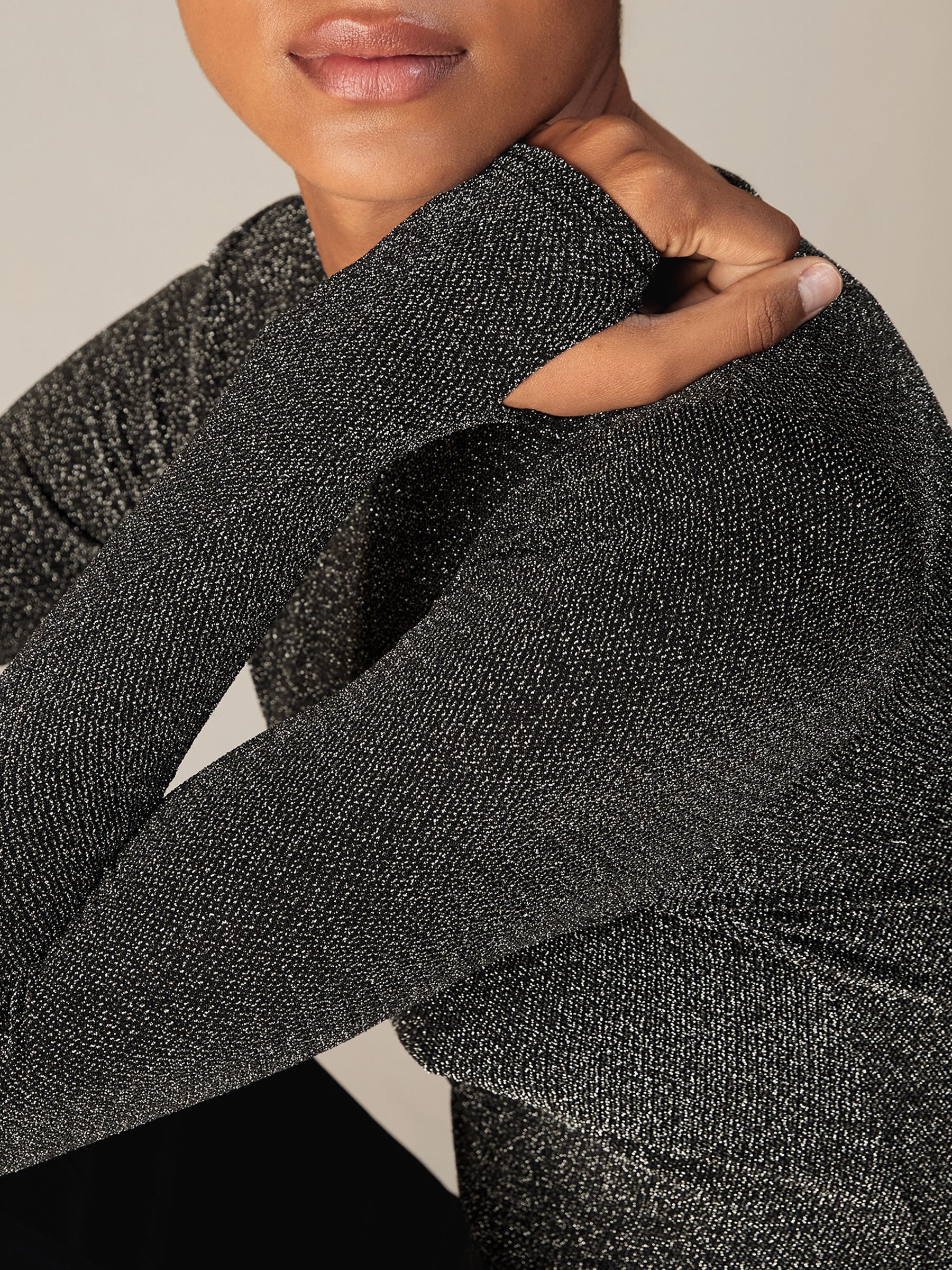 Metallic-Knit Long-Sleeve Top in Silver