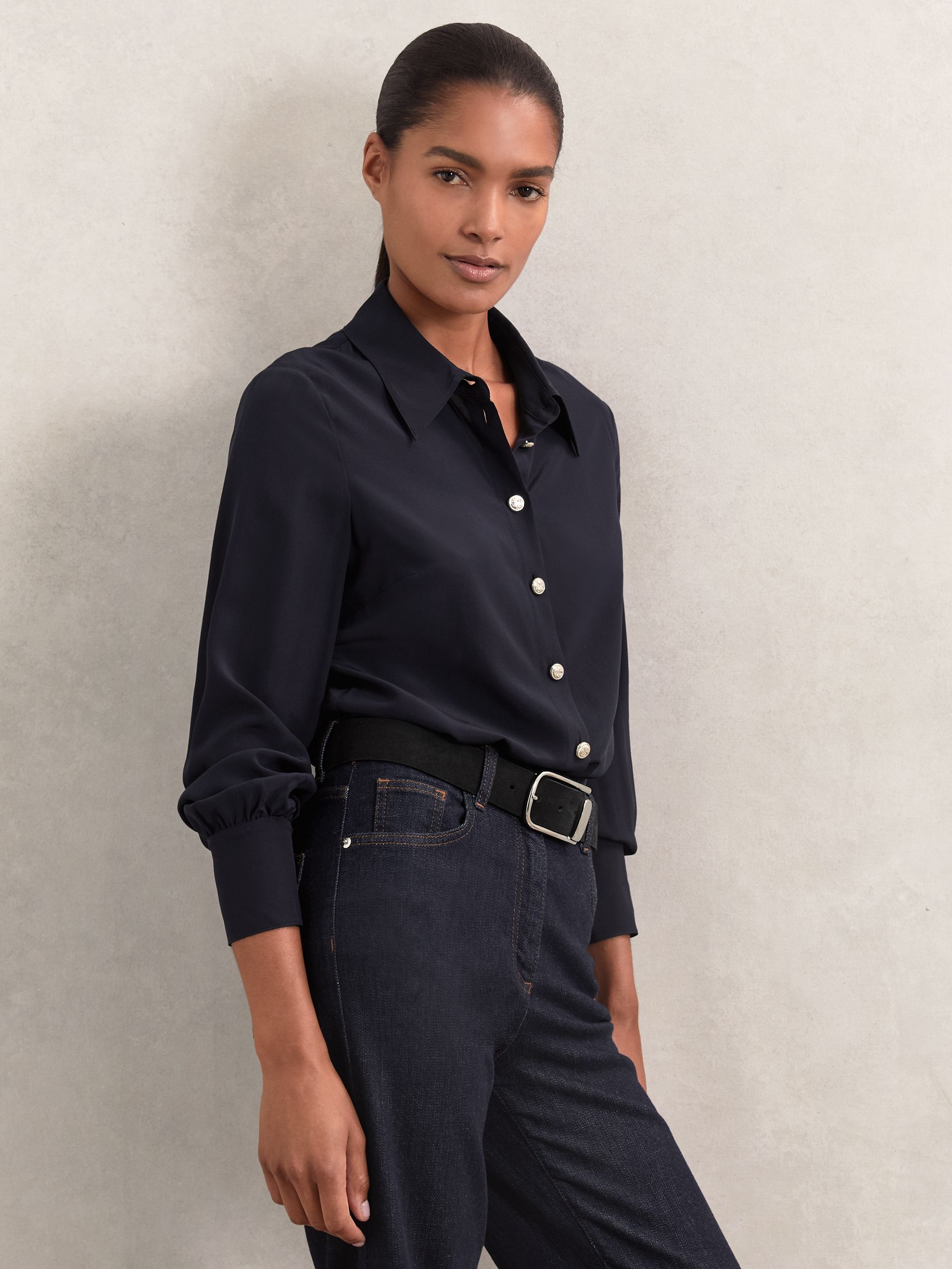 Silk Embossed-Button Shirt in Navy