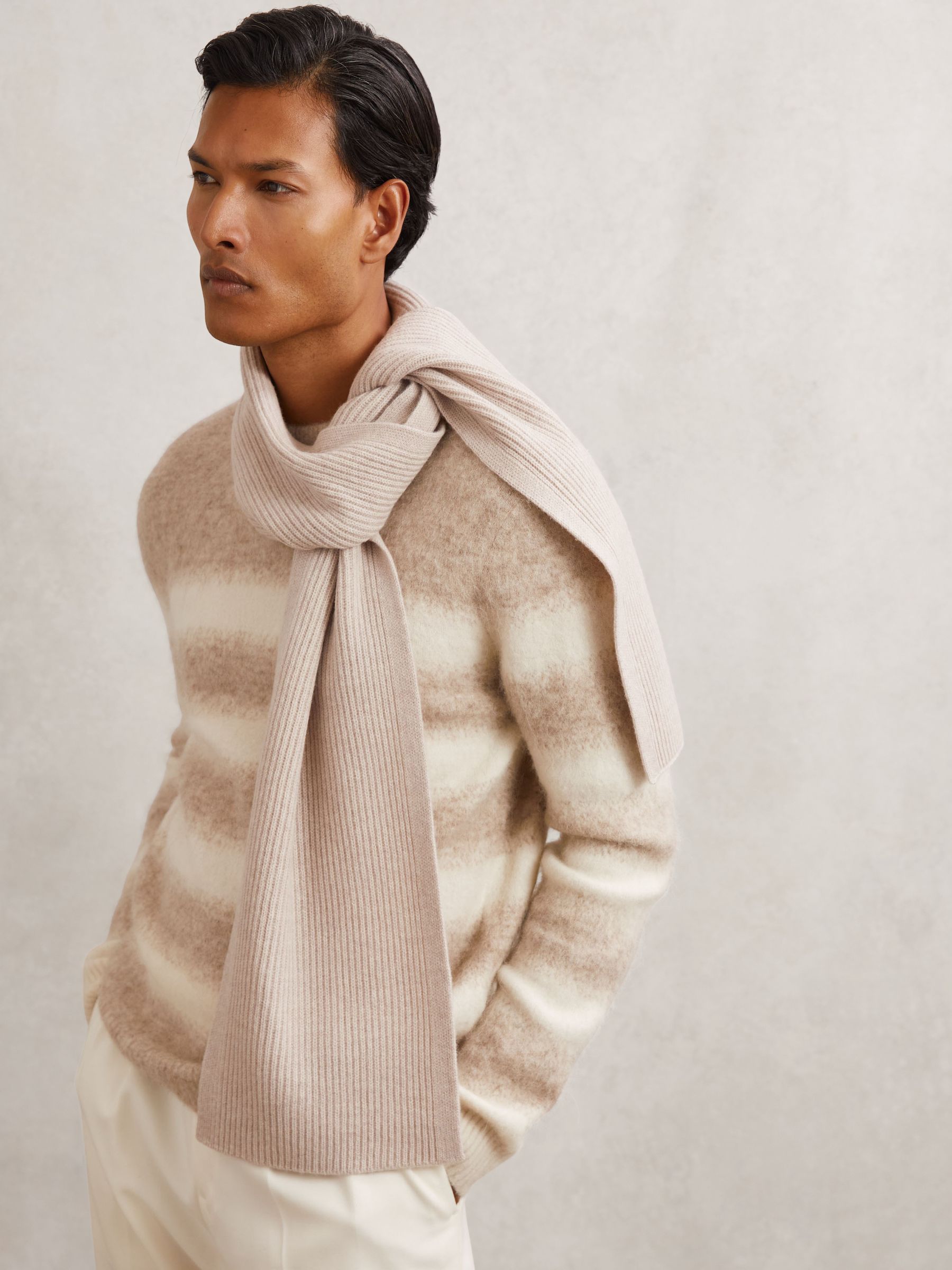 Merino Wool Rib-Knit Scarf in Light Oatmeal Melange