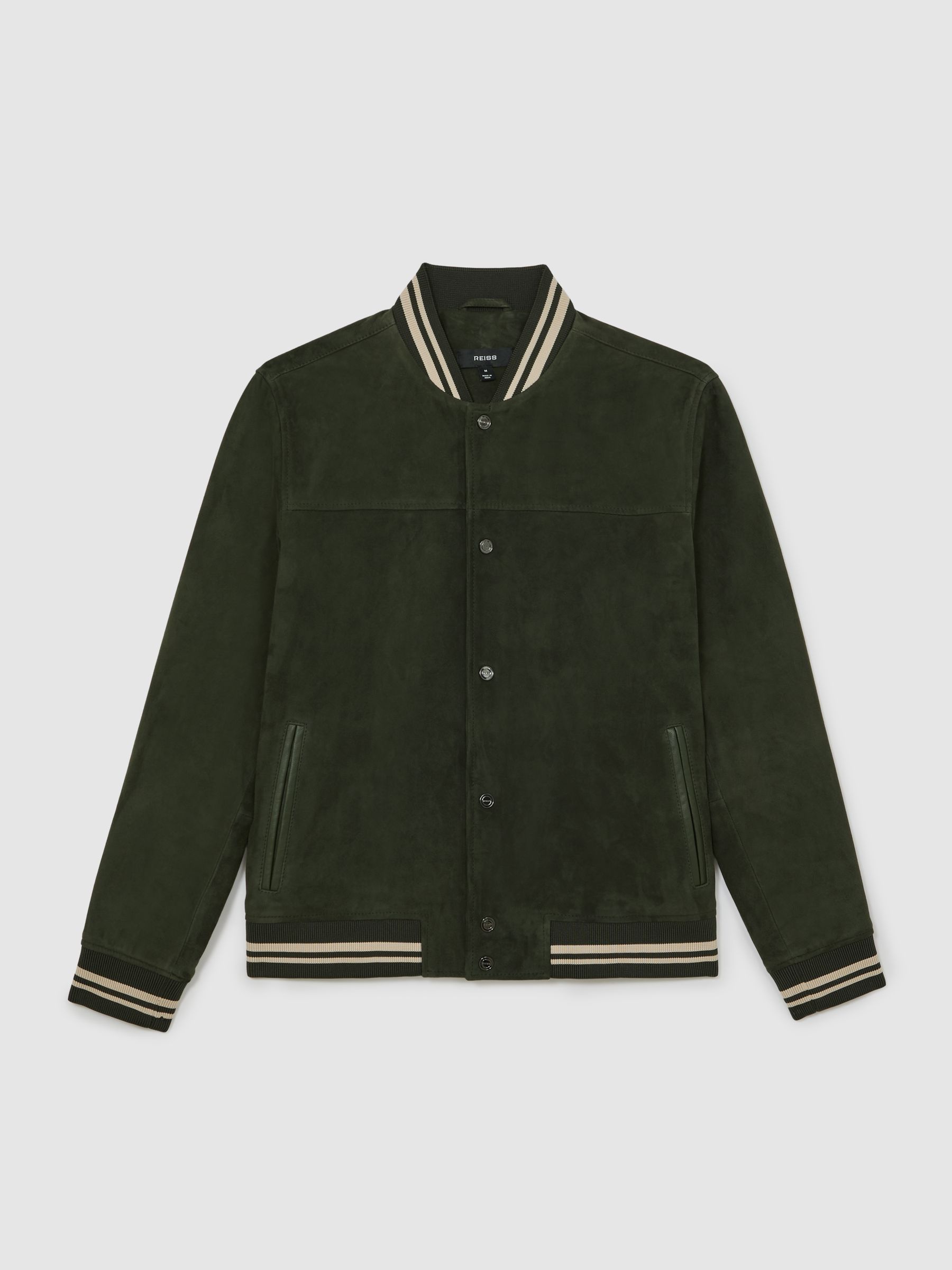 Suede Stripe-Trim Bomber Jacket in Forest Green
