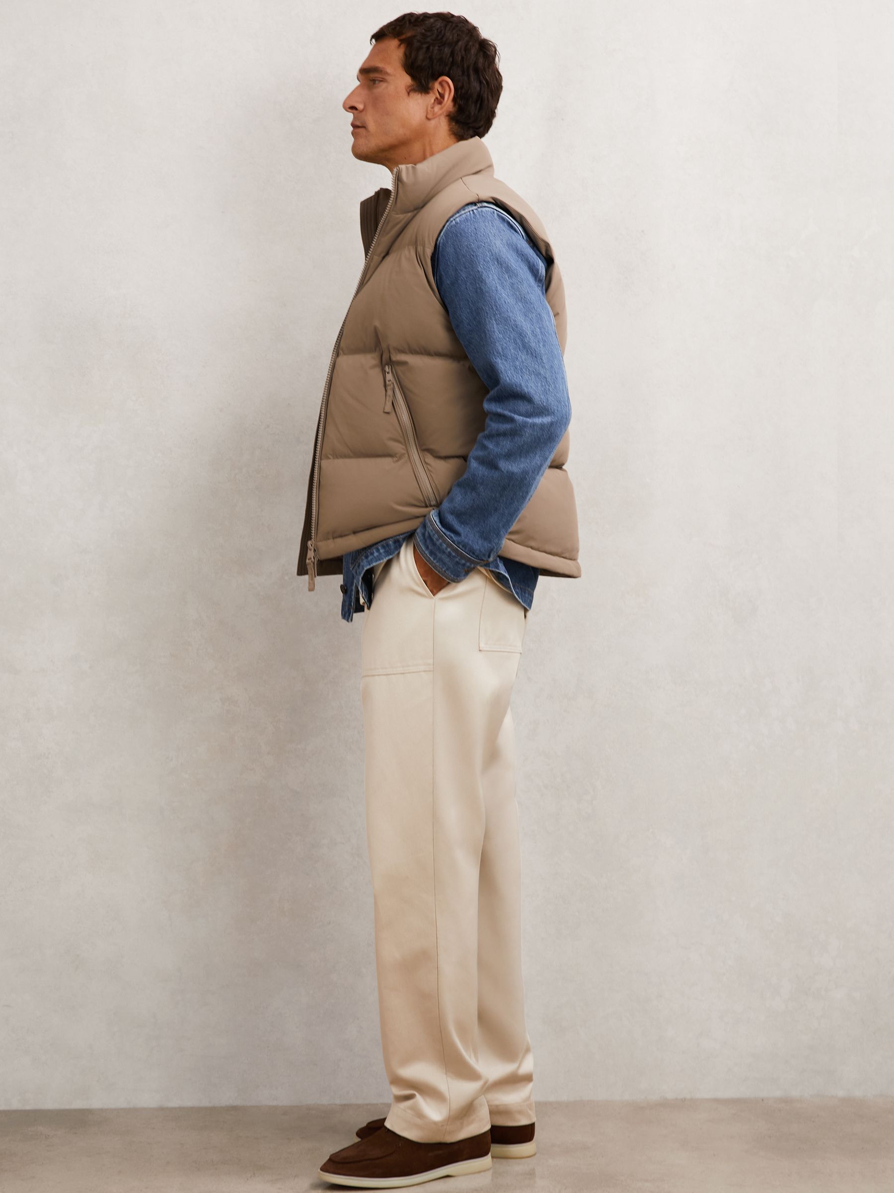 Quilted Zip-Through Puffer Gilet in Light Camel Brown