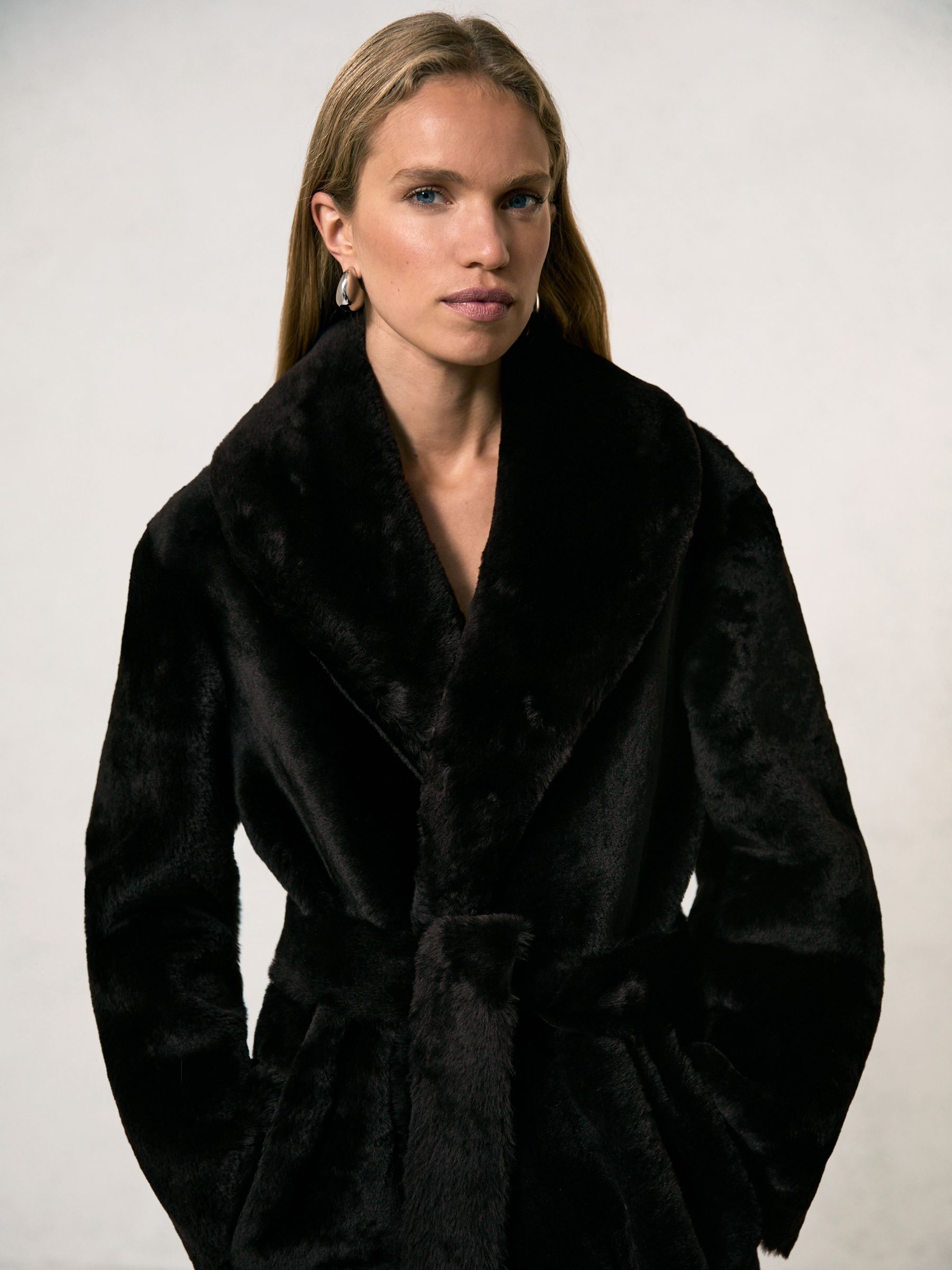 Shearling Belted Coat in Chocolate Brown