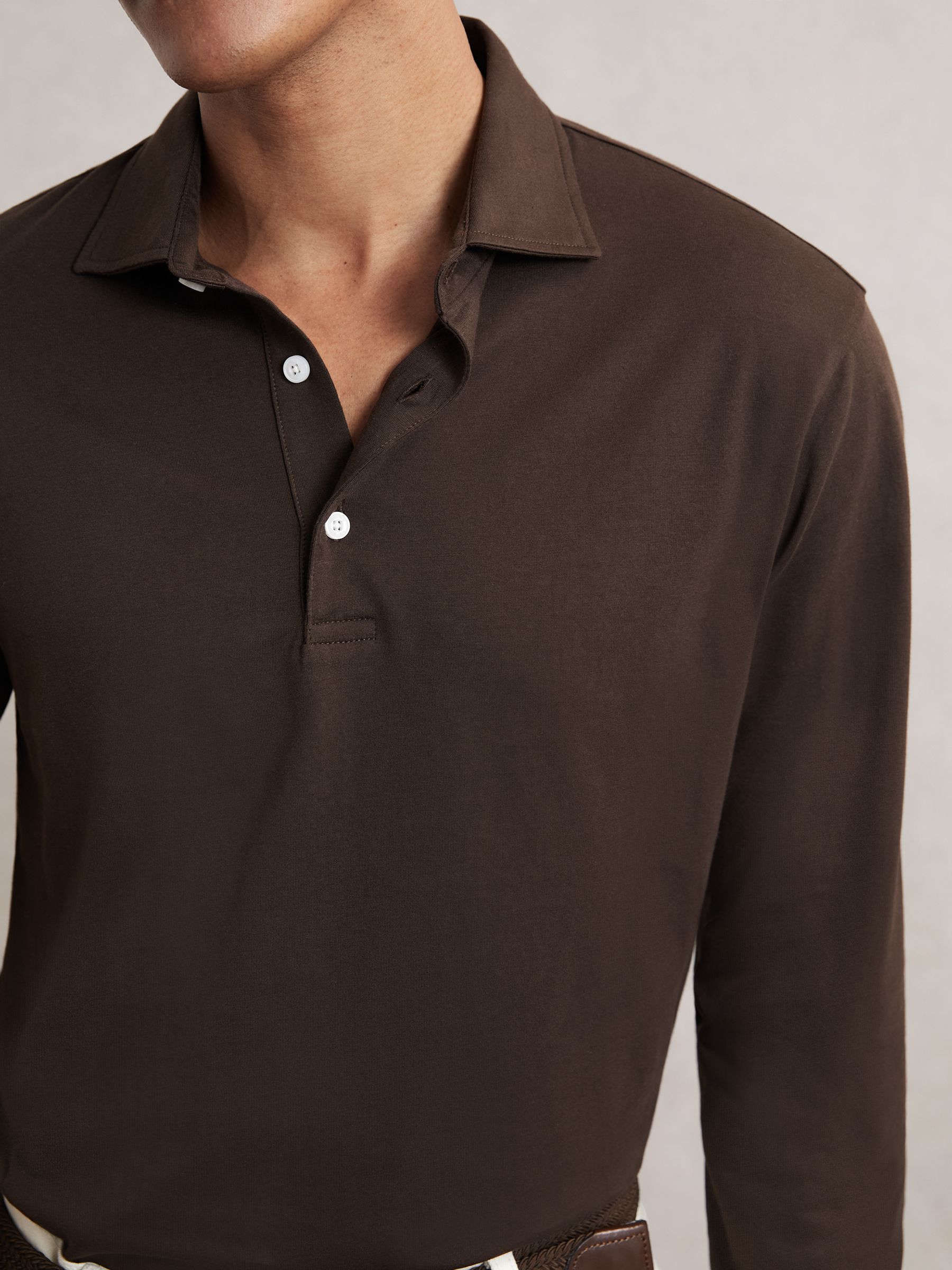 Cotton-Jersey Long Sleeve Polo Shirt in Brown