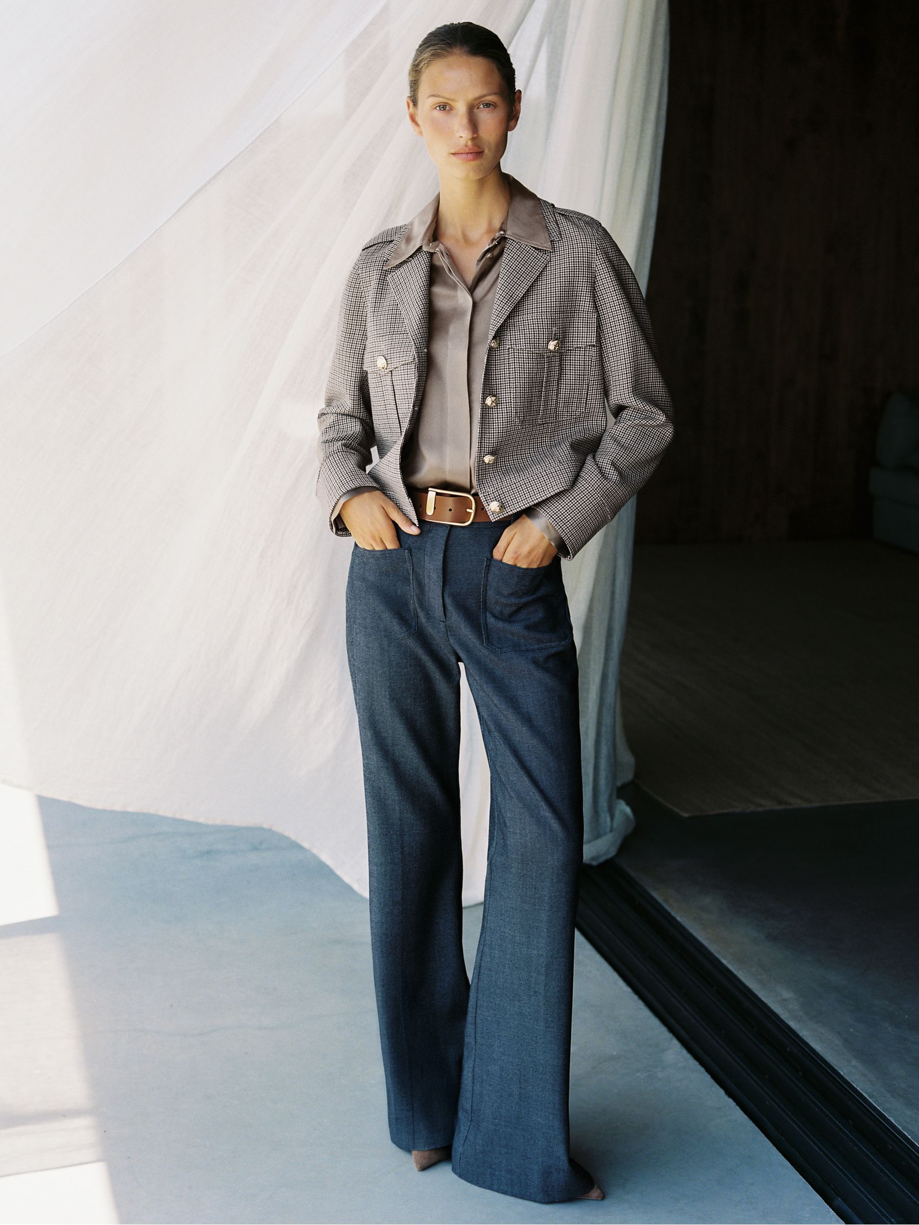 Flannel Patch-Pocket Flared Trousers with Wool in Blue