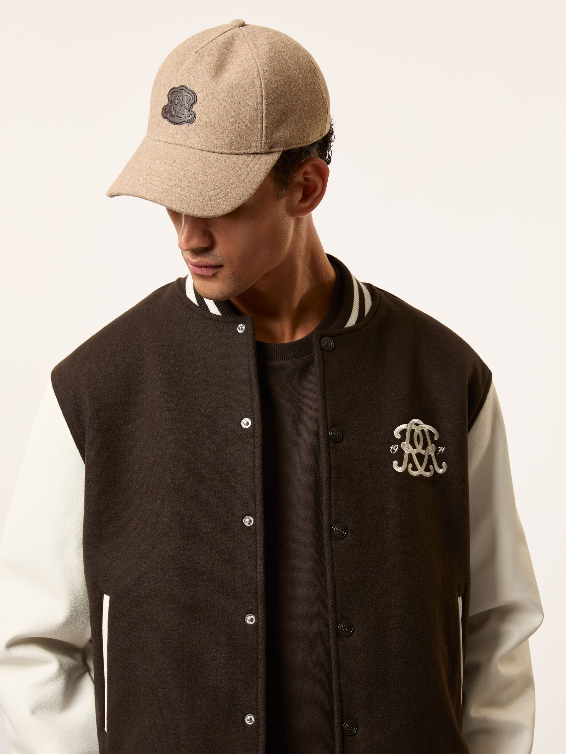 Monogram Leather-Sleeve Varsity Jacket in Brown/White