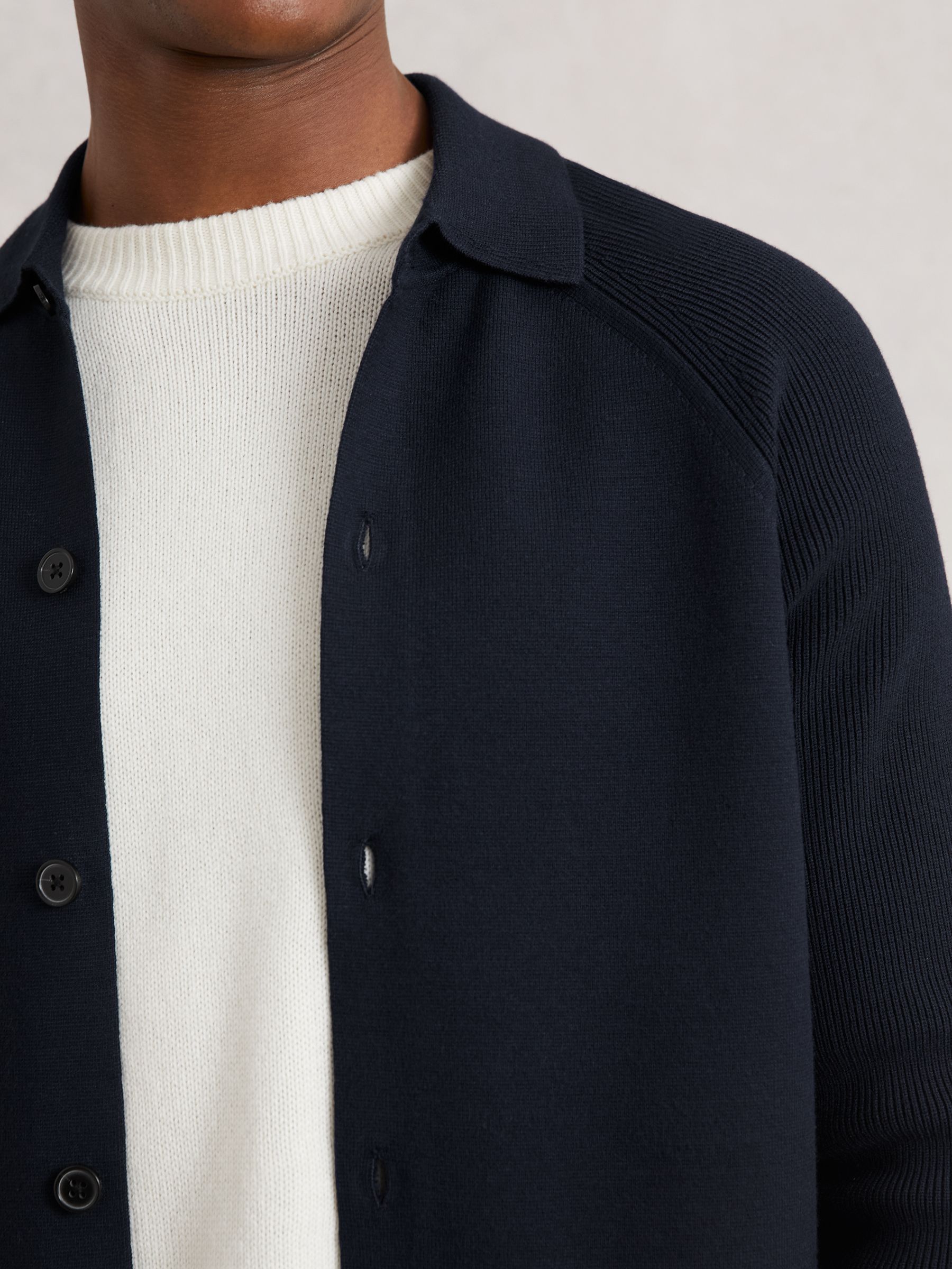 Button-Through Ribbed-Sleeve Cardigan in Navy Blue