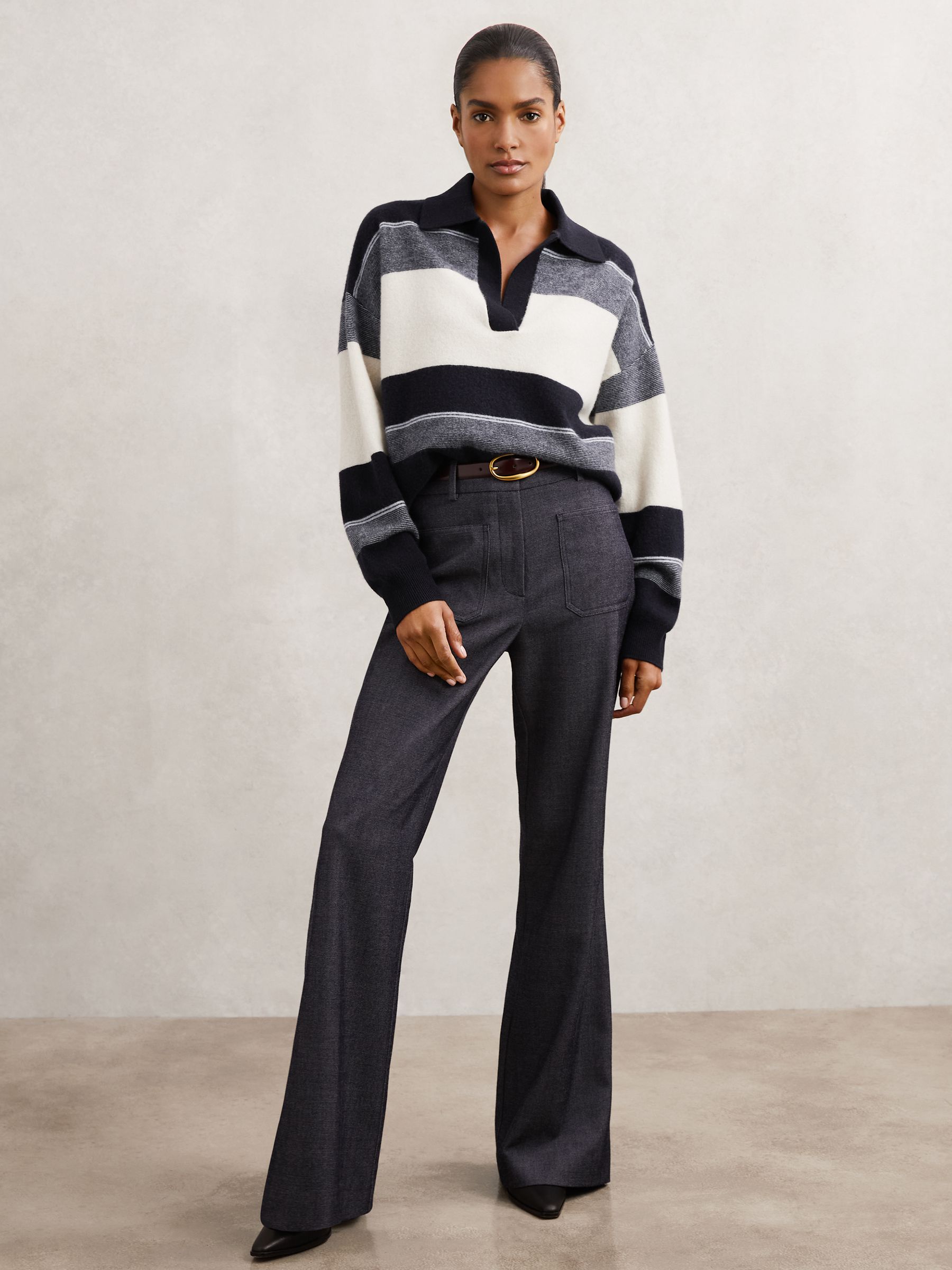 Wool-Cashmere Stripe Collared Jumper in Navy/Cream