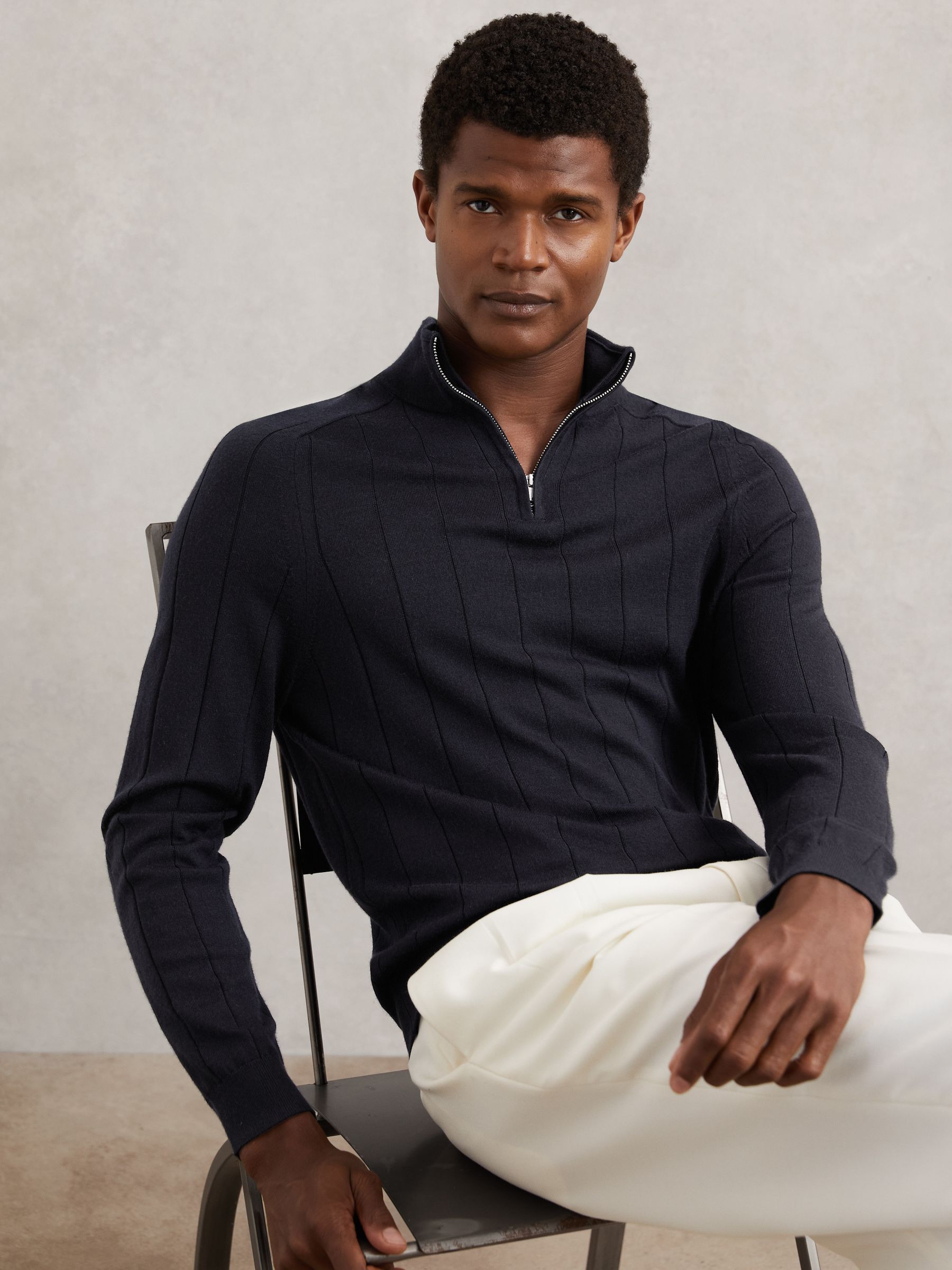 Merino Wool Wide-Rib Half-Zip Jumper in Navy