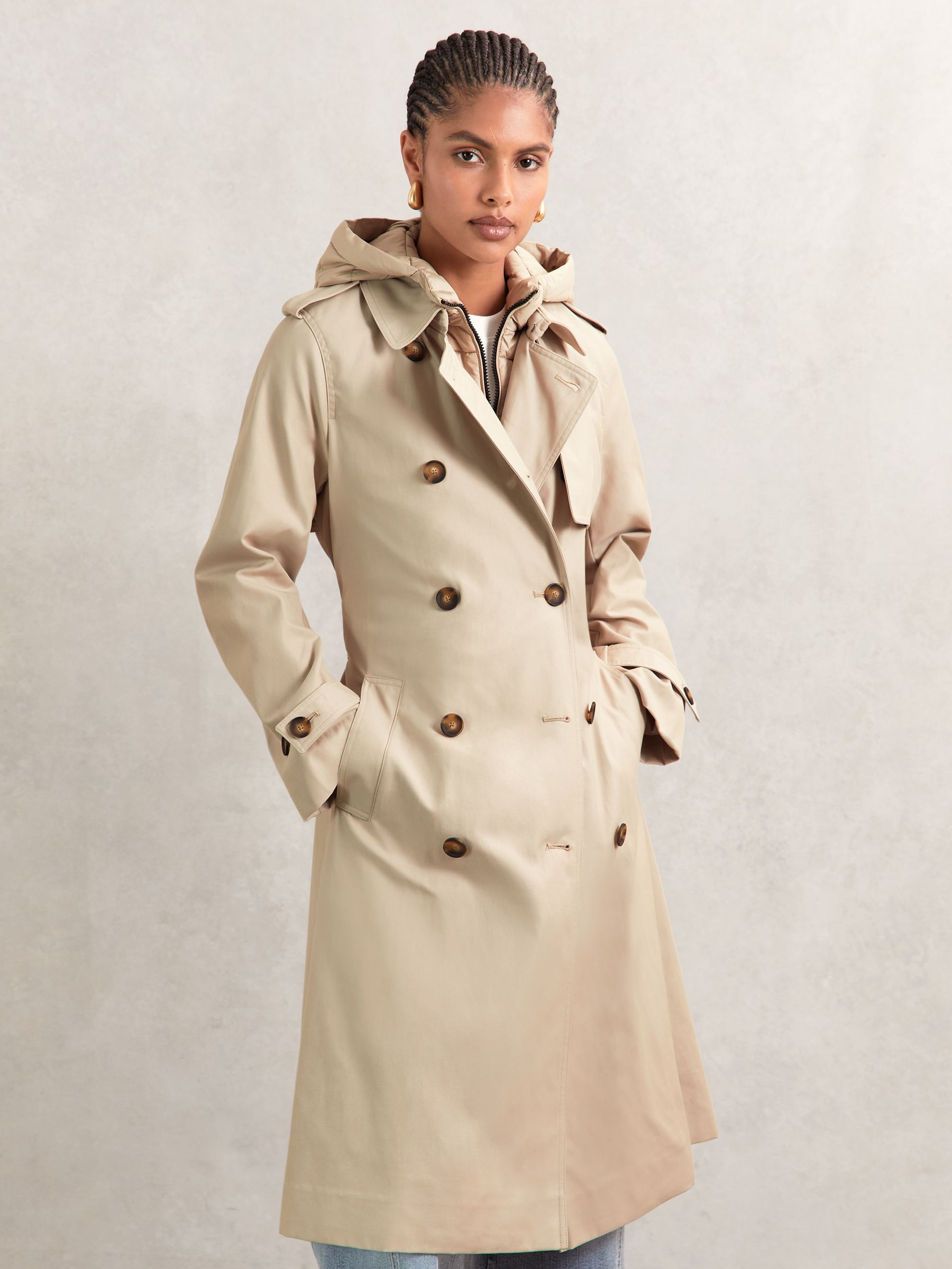 Hooded Insert Trench Coat in Stone