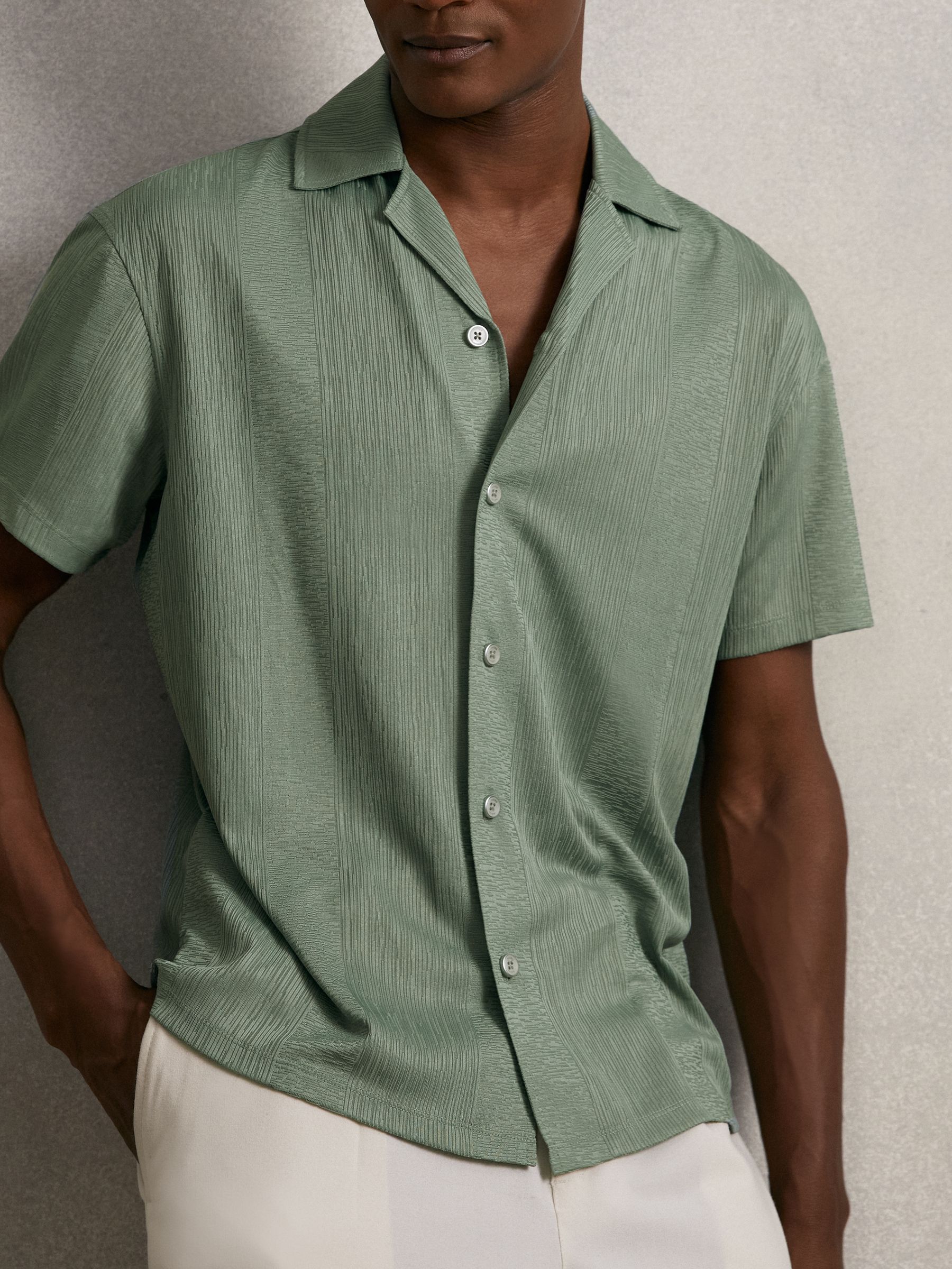 Jacquard-Stripe Cuban-Collar Shirt in Mint Green