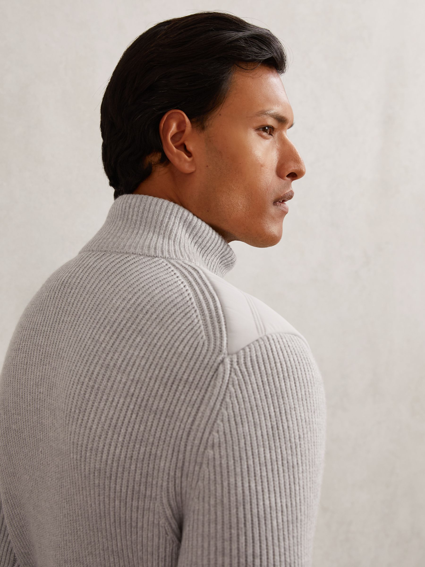 Quilted Rib-Knit Funnel-Neck Jacket in Soft Grey