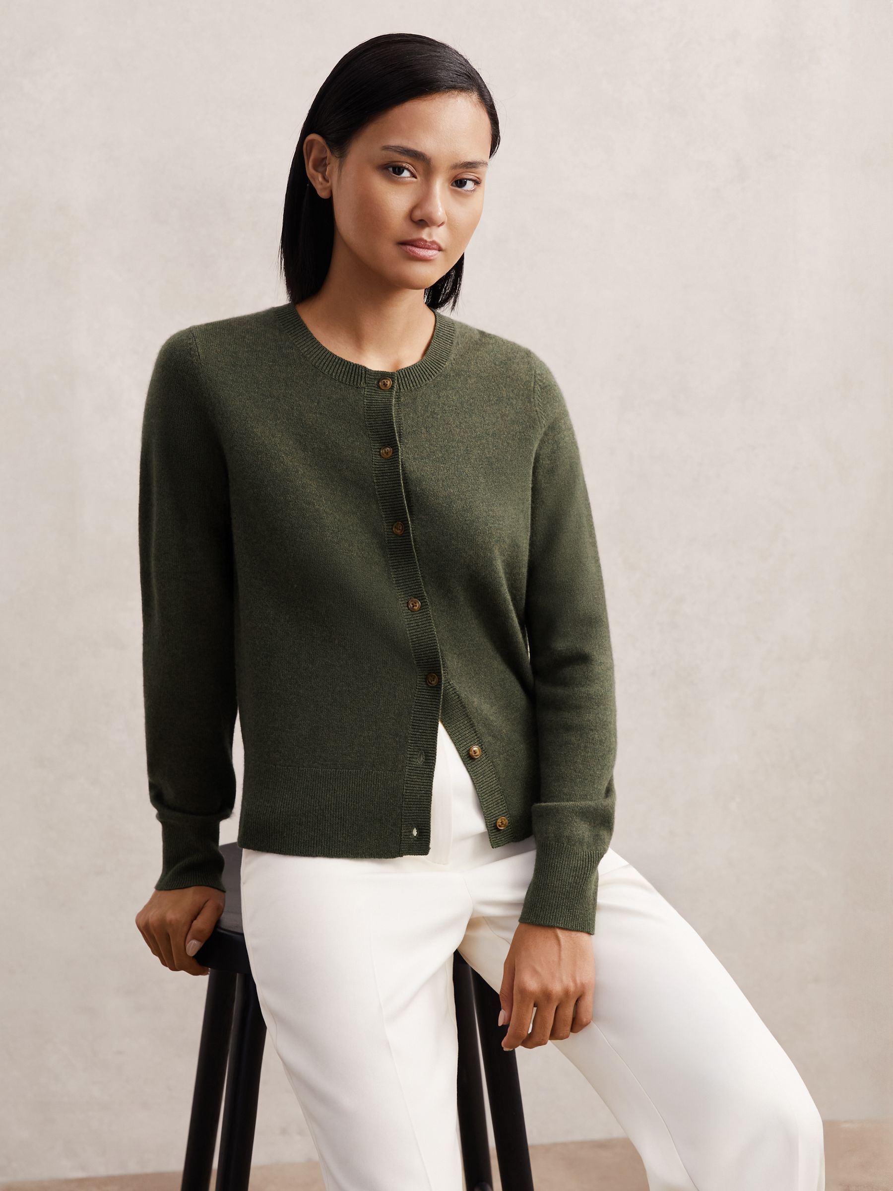 Wool-Blend Crew-Neck Cardigan With Cashmere in Green