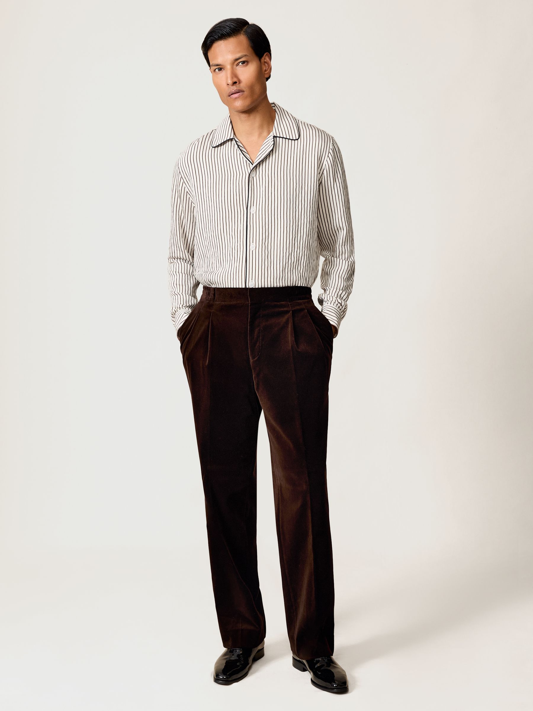 Stripe Cuban-Collar Piped Shirt in White/Brown