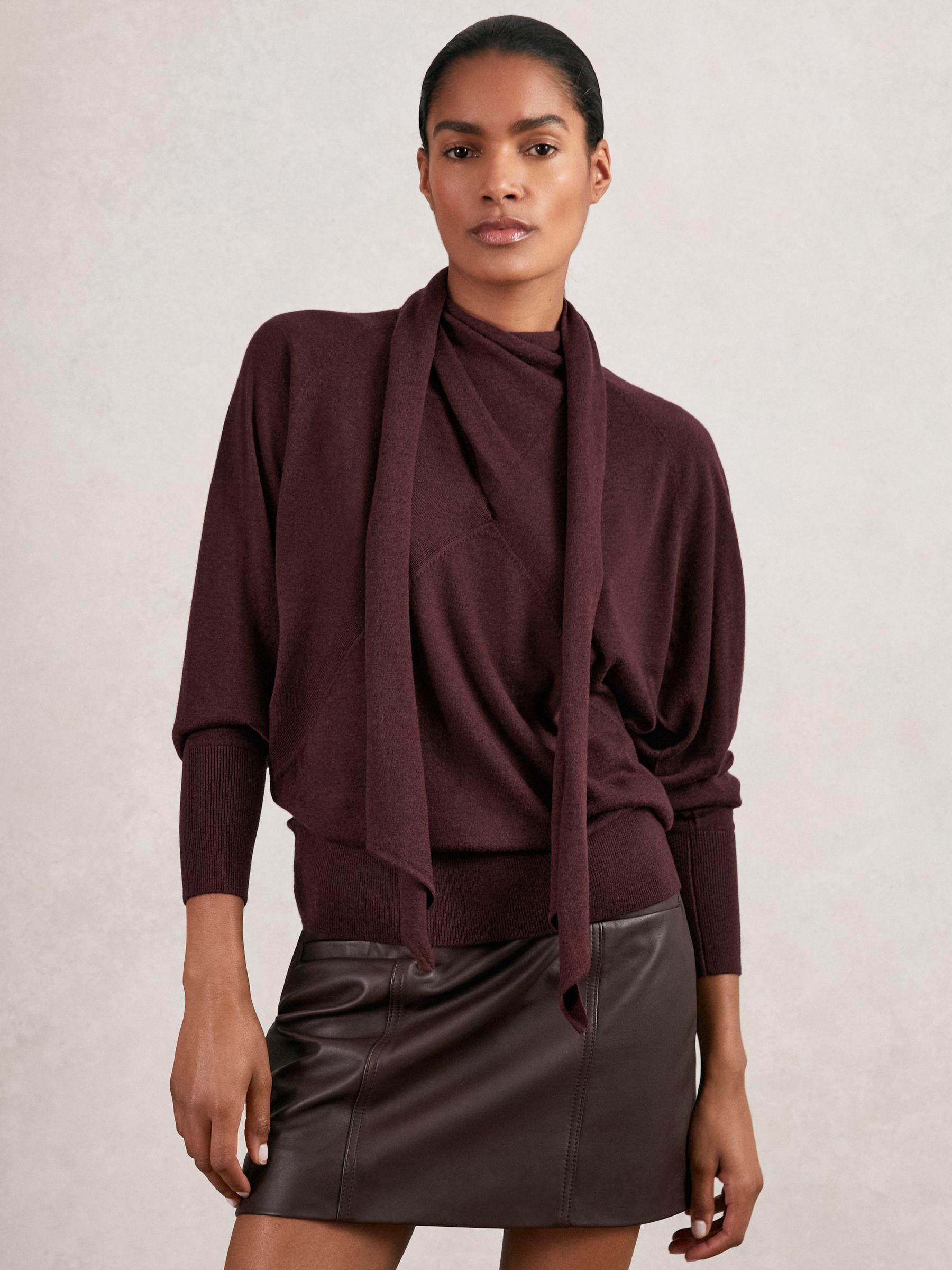Wool Scarf-Tie Draped Jumper in Burgundy