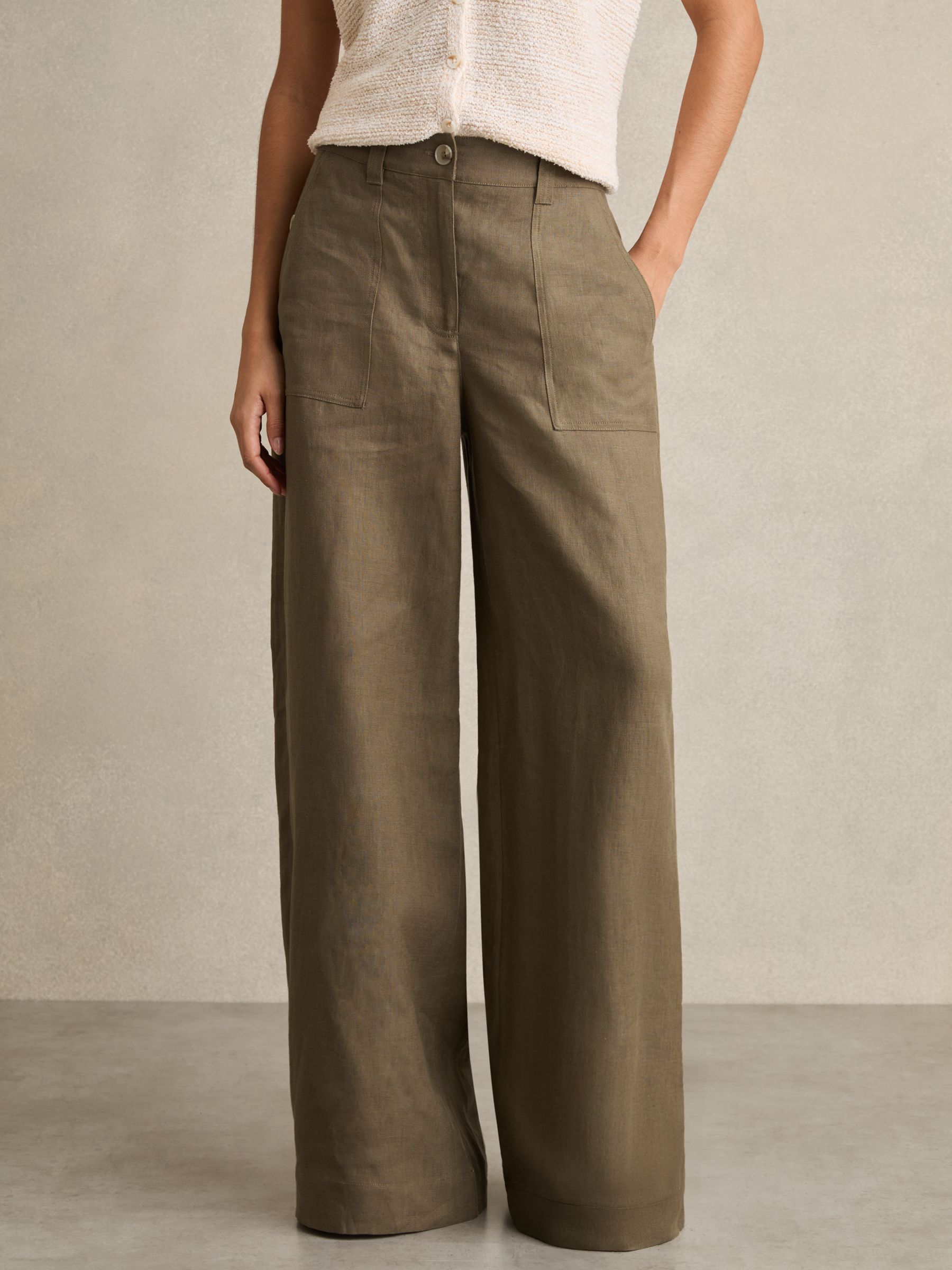 Linen Wide-Leg Trousers in Khaki