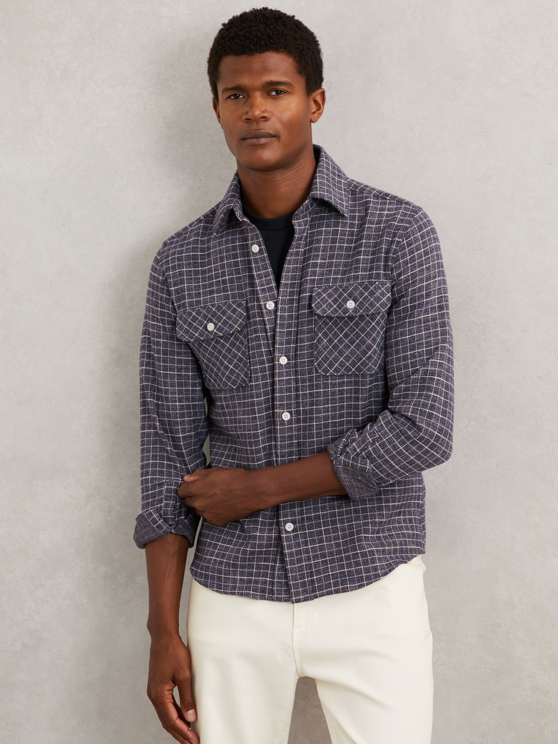 Check Twin-Pocket Jersey Overshirt in Indigo Blue