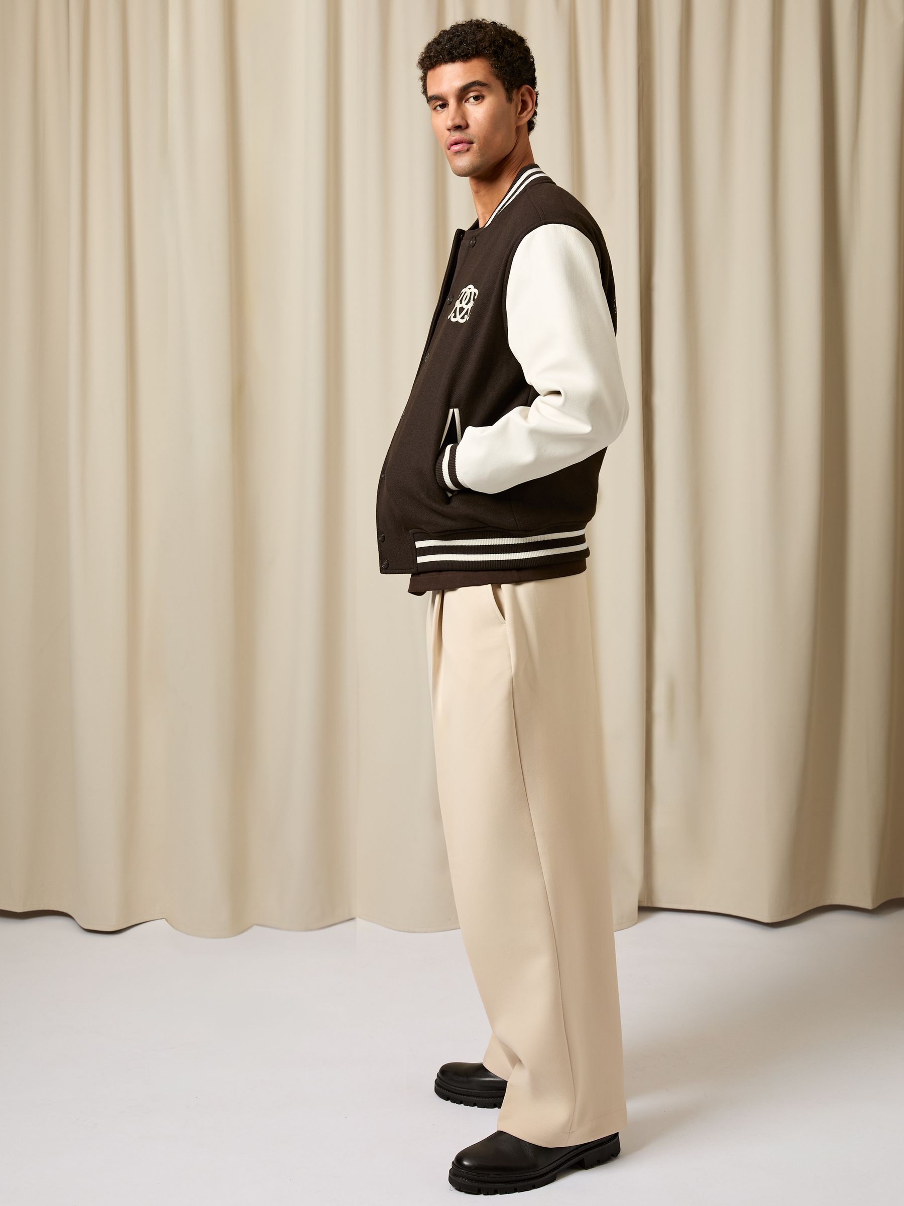 Monogram Leather-Sleeve Varsity Jacket in Brown/White