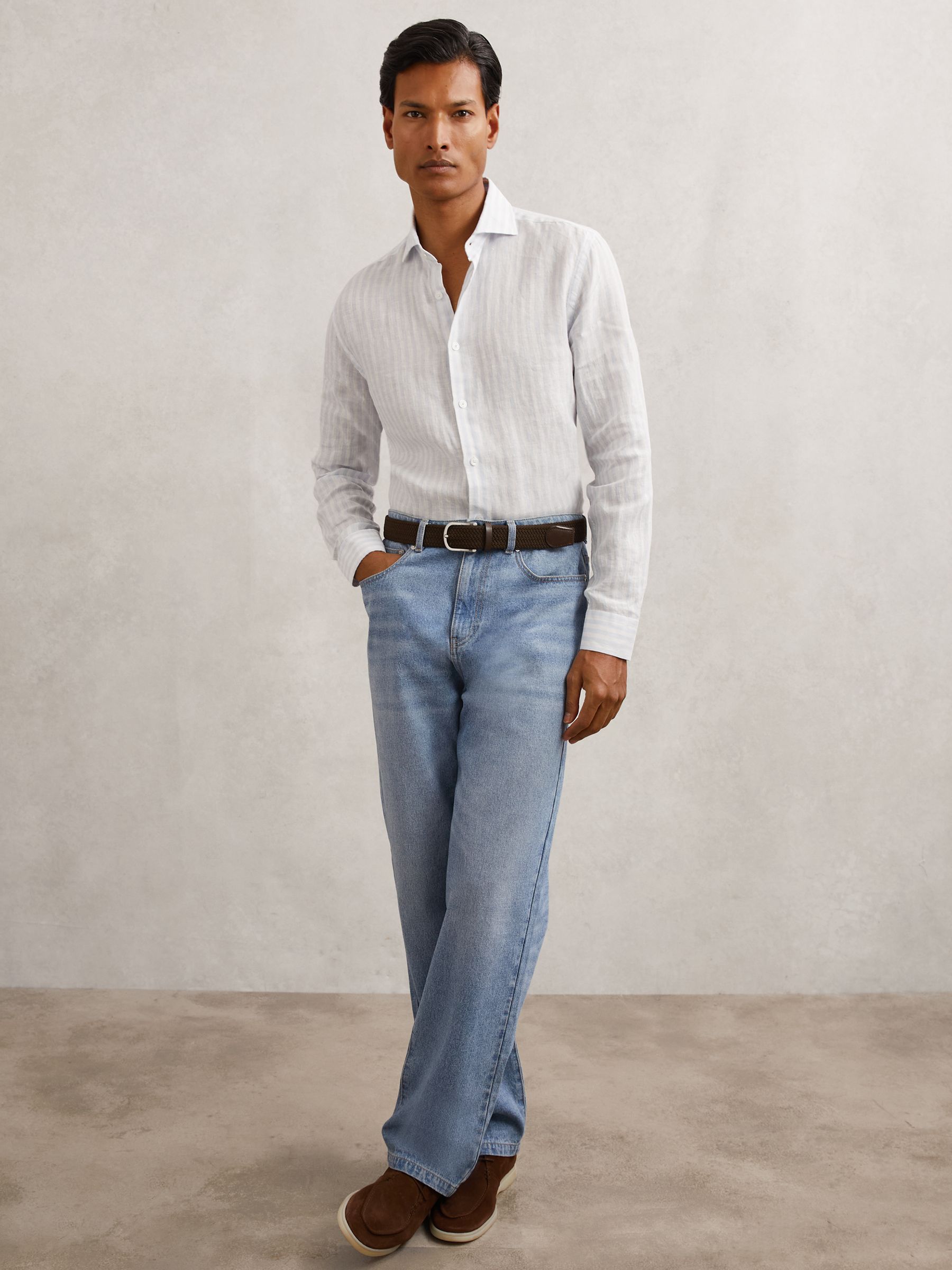 Linen Stripe Long-Sleeve Shirt in Pale Blue/White Stripe