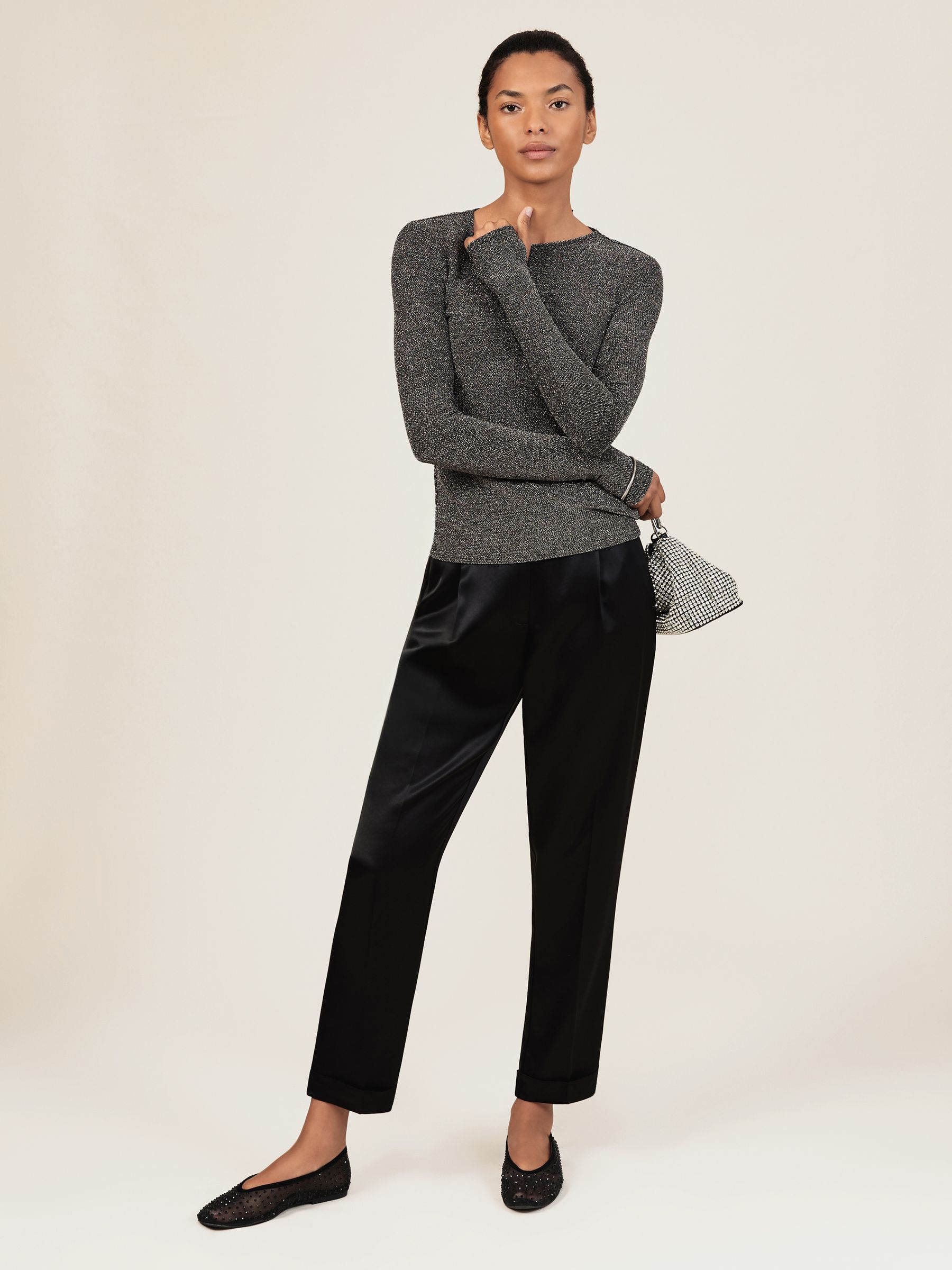 Metallic-Knit Long-Sleeve Top in Silver