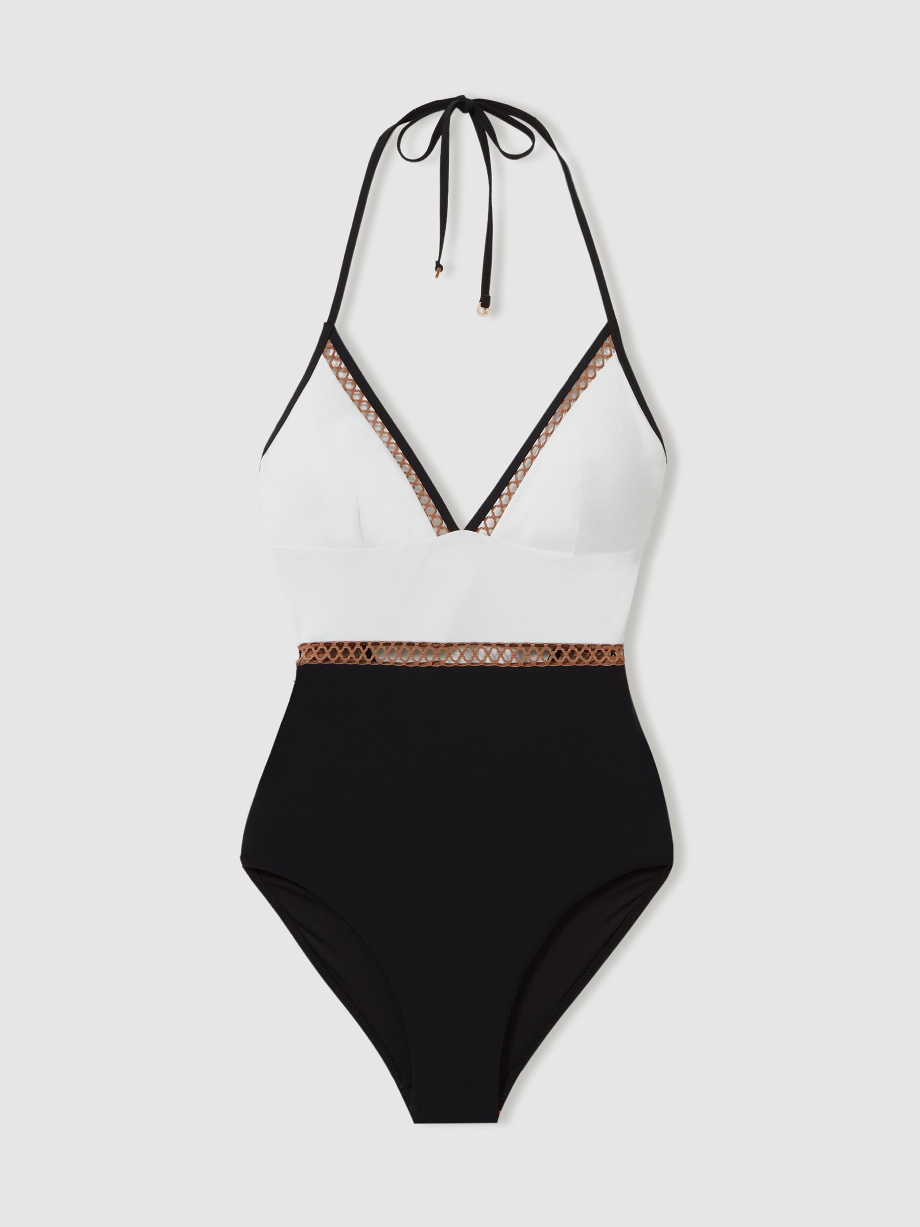 Colour-Block Lattice-Trim Swimsuit in White/Tan