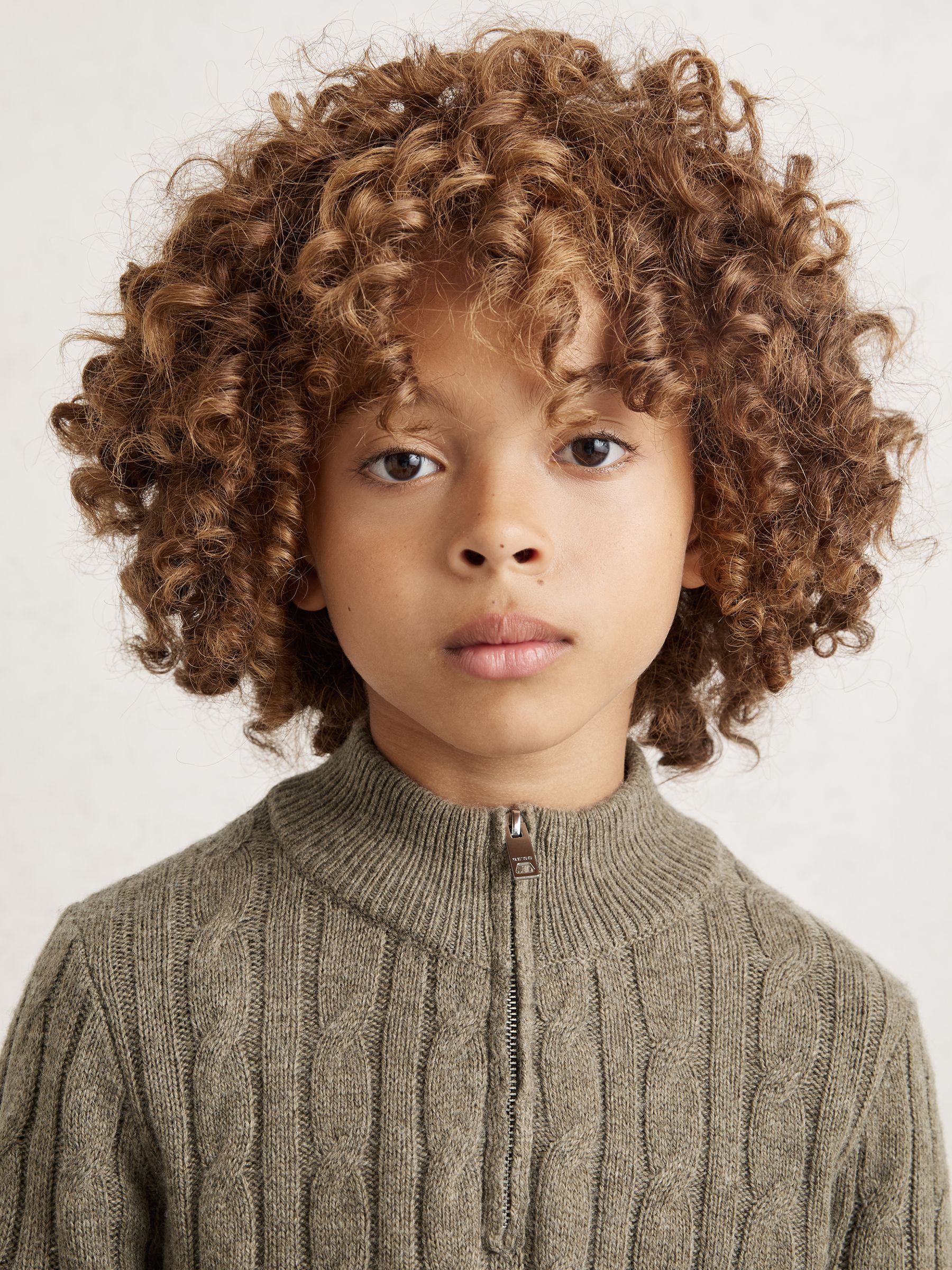 9-13 yrs Wool-Blend Half-Zip Cable Knit Jumper in Camel Melange